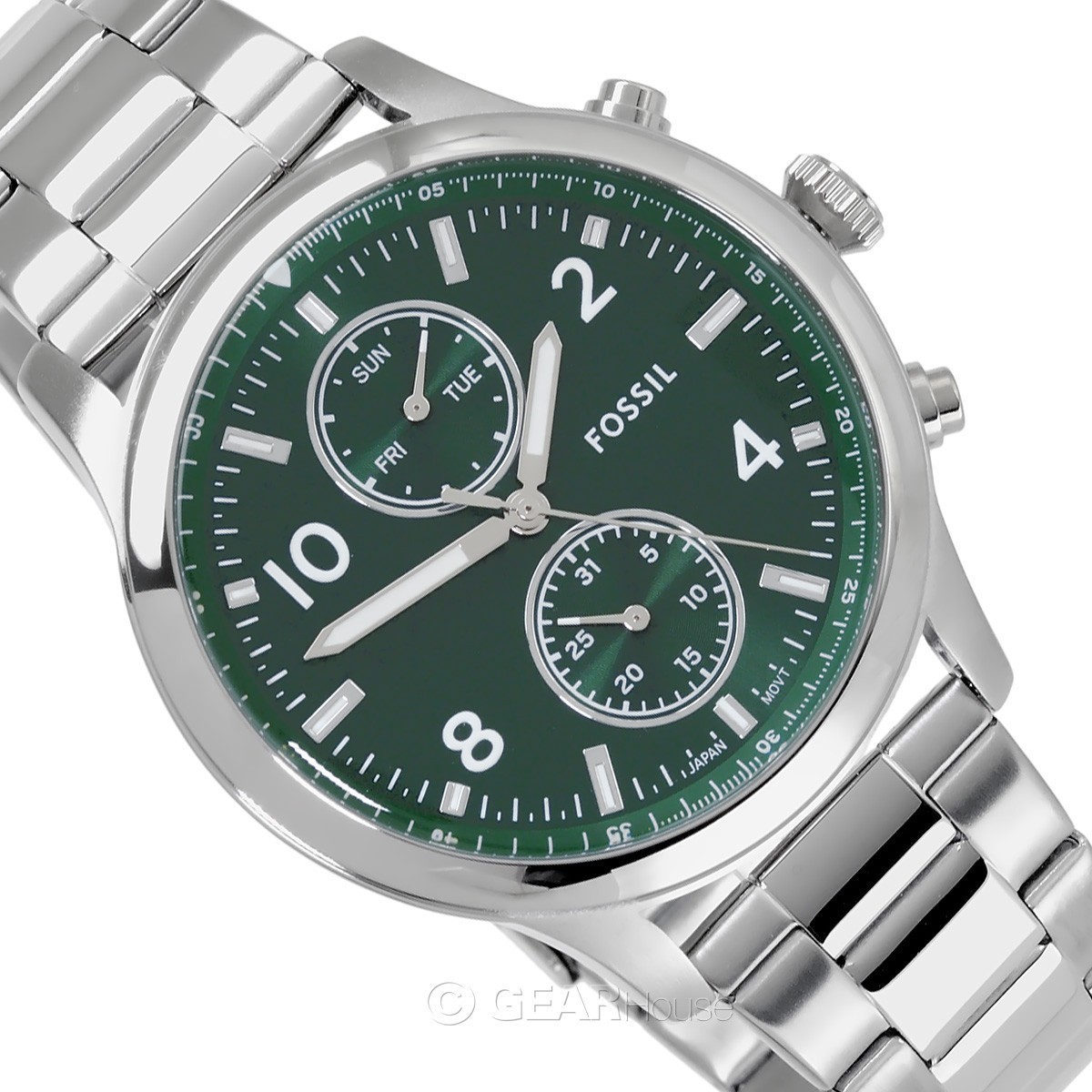 FOSSIL Bennett Mens Multifunction Watch Green Dial Day Date Stainless Steel Band