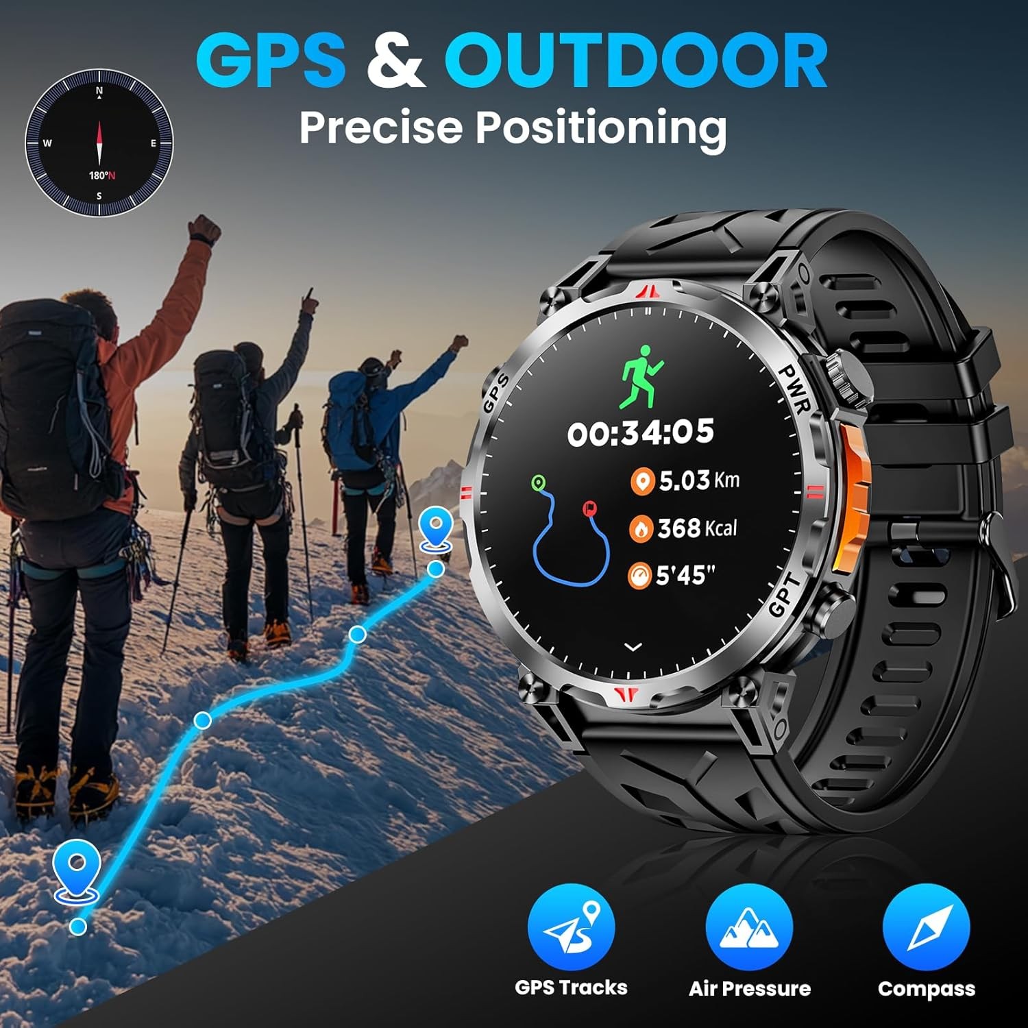 Military Smart Watches for Men with GPS/Compass,GPT Voice Assistant,1.56″ Black