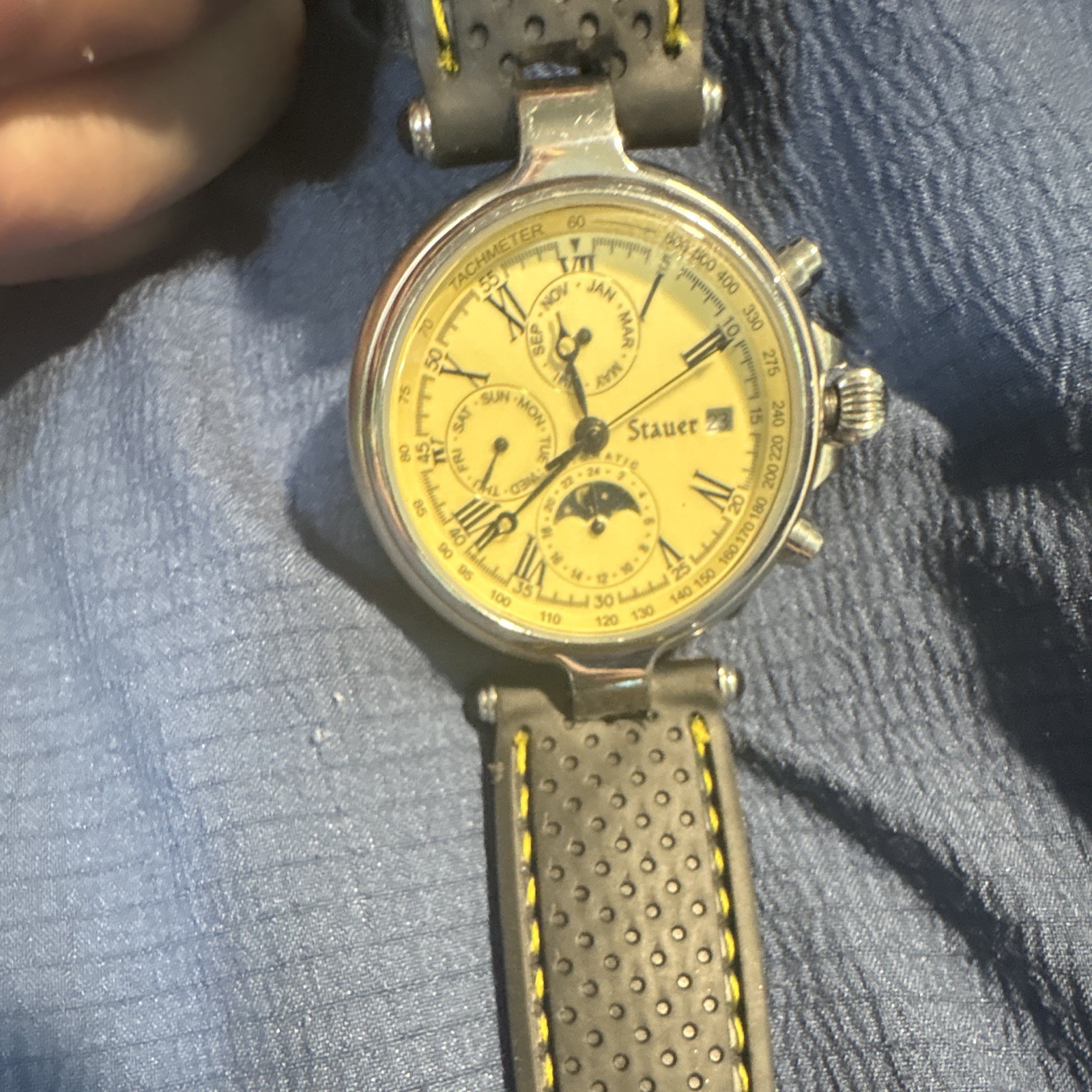 Stauer Moon Phase Automatic Moonphase Date Tachymeter Gold Dial SS 5 ATM