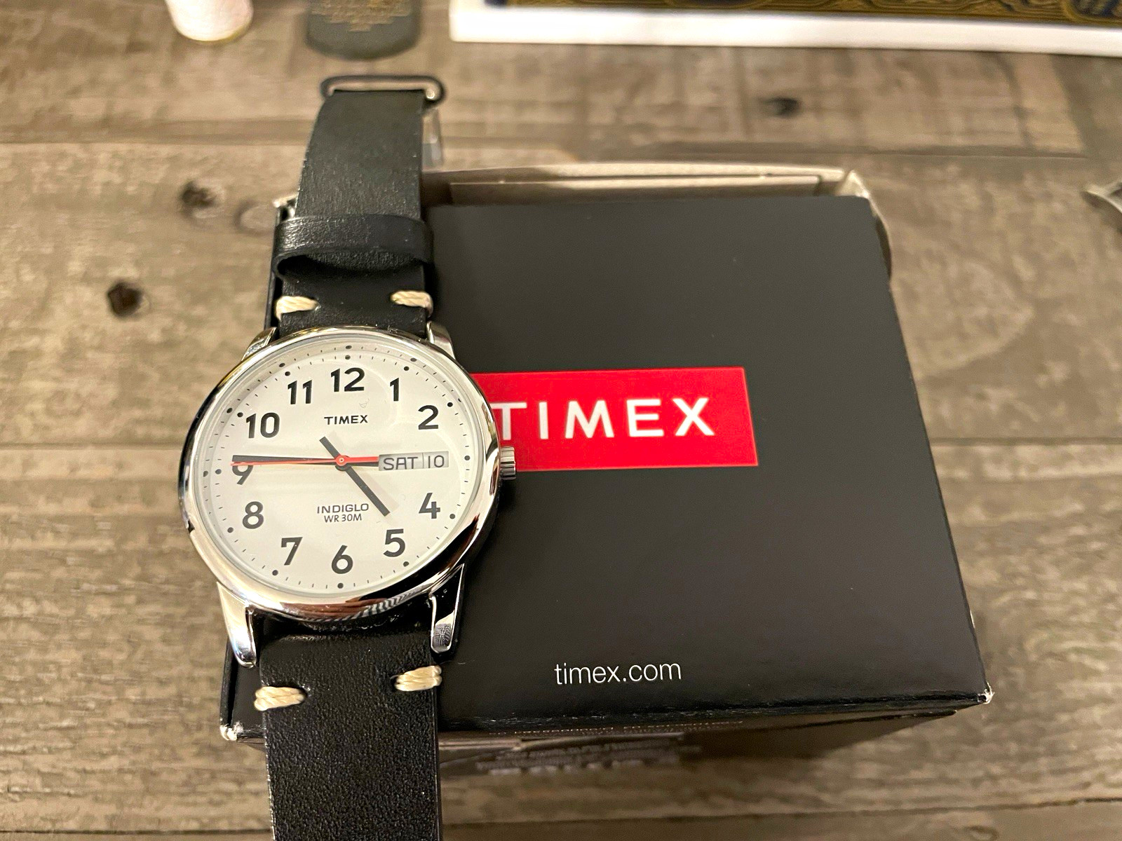Timex Indiglo Quartz Analog Day/Date Watch White Dial Black Leather Strap