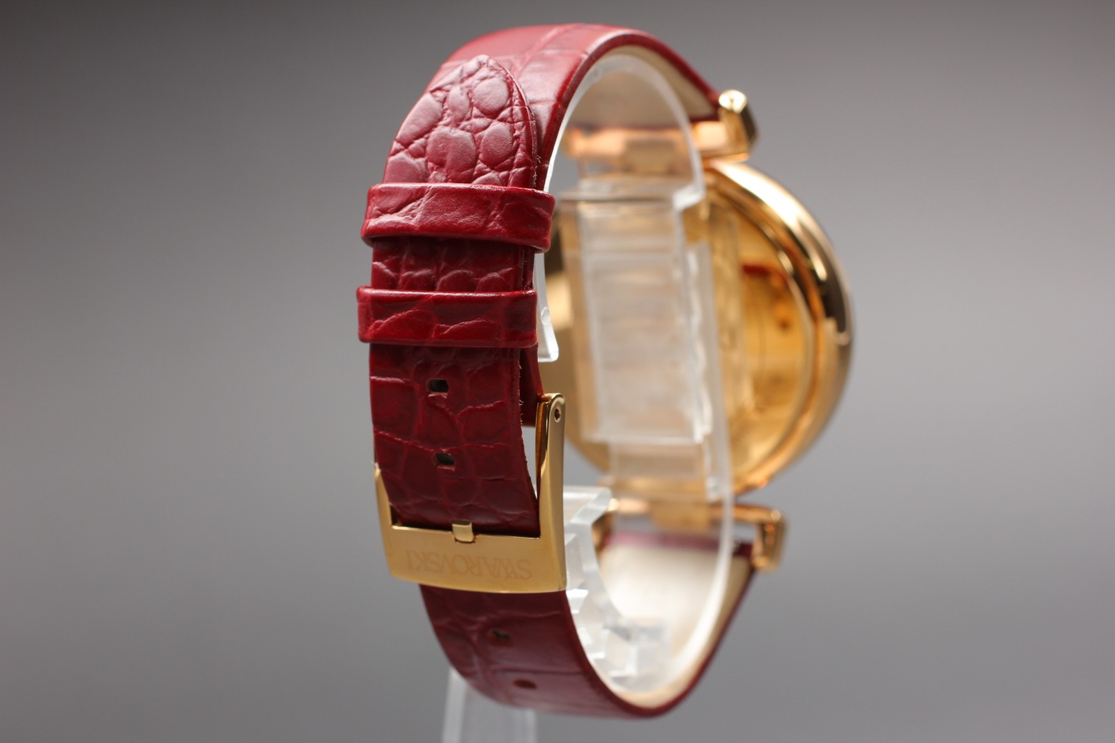 Top MINT Swarovski Chronograph Swiss Made Quartz Red Rose Gold Watch From JAPAN