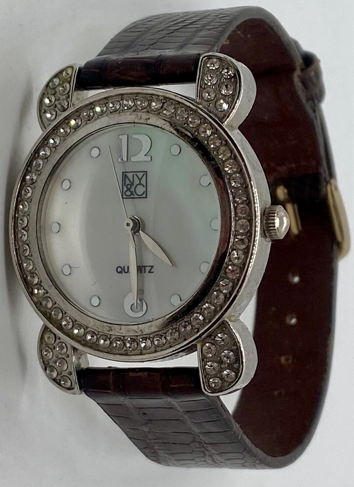 NY&C Ladies Watch New Battery Brown Genuine Lizard Strap Iced Dial NICE!