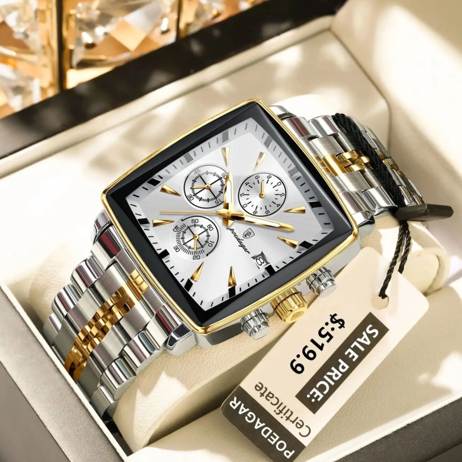 2024 POEDAGAR Luxury Men’s Quartz Watch Square 3Bar Chronograph Stainless Steel