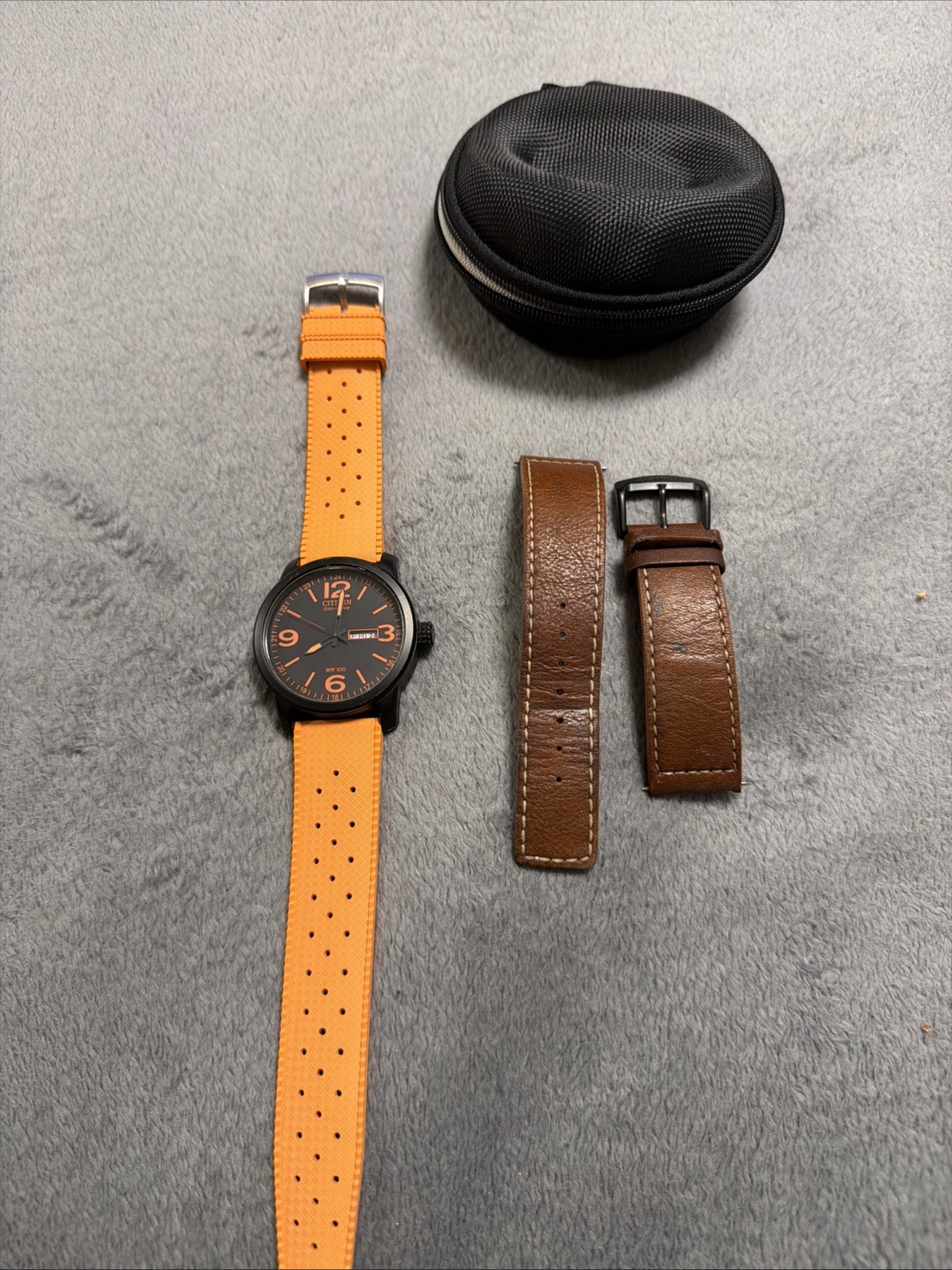 Citizen Eco-Drive Black Case + Brown Leather & Orange RUBBER # BM8475-26E