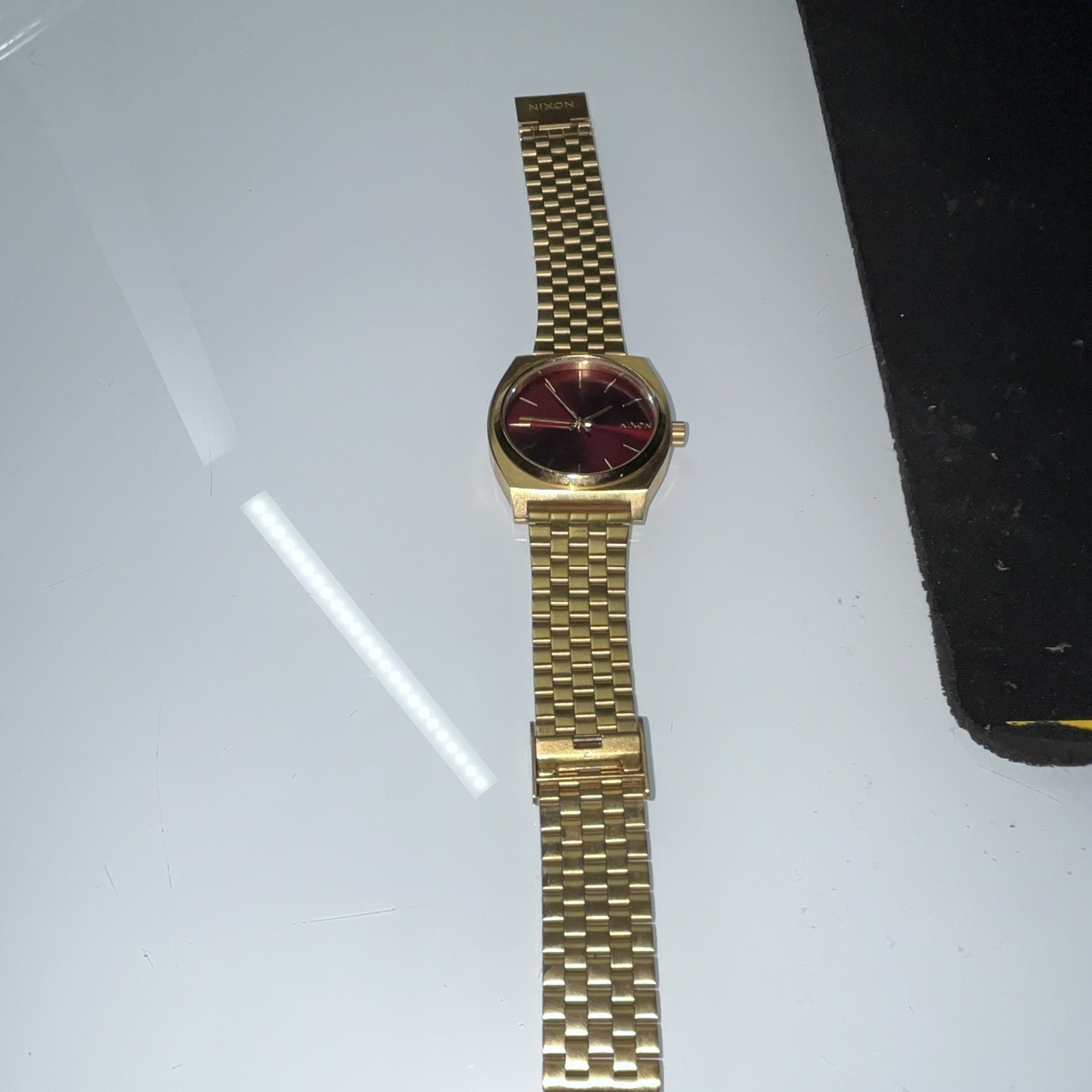 Nixon Quartz Analog Watch Red Dial Gold-Tone Metal Bracelet Seconds Hand