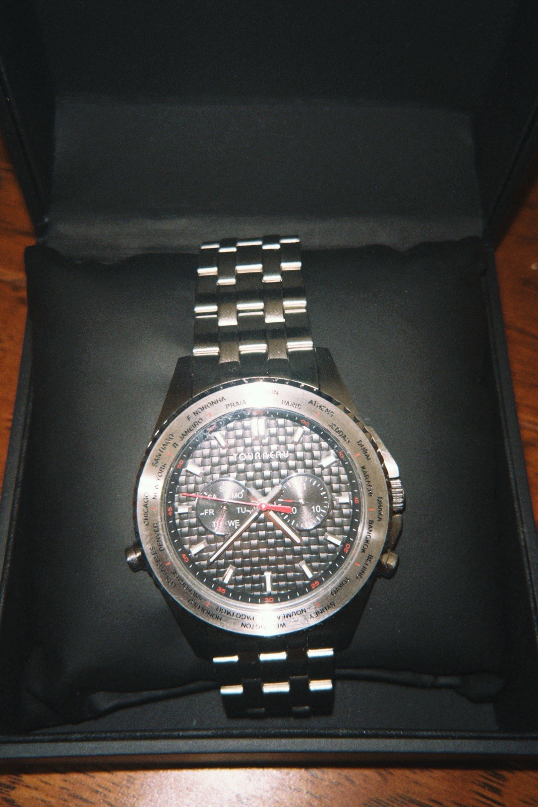 Acura Tourneau Quartz Mens World Time Day Date SS Bracelet Black Dial w/ Box