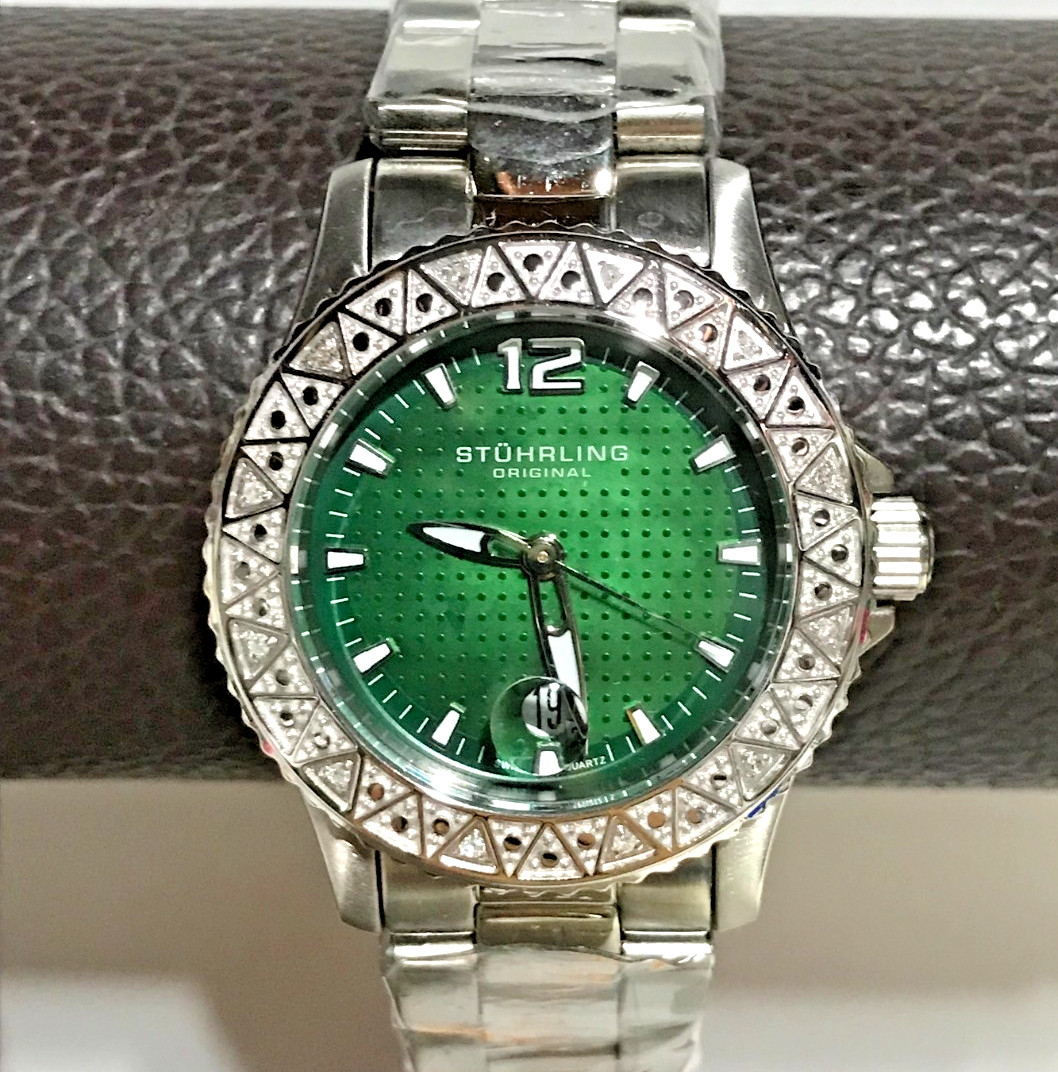 Vintage Sturhling Original Genuine Diamonds Green Dial Ladies Dress Watch Works