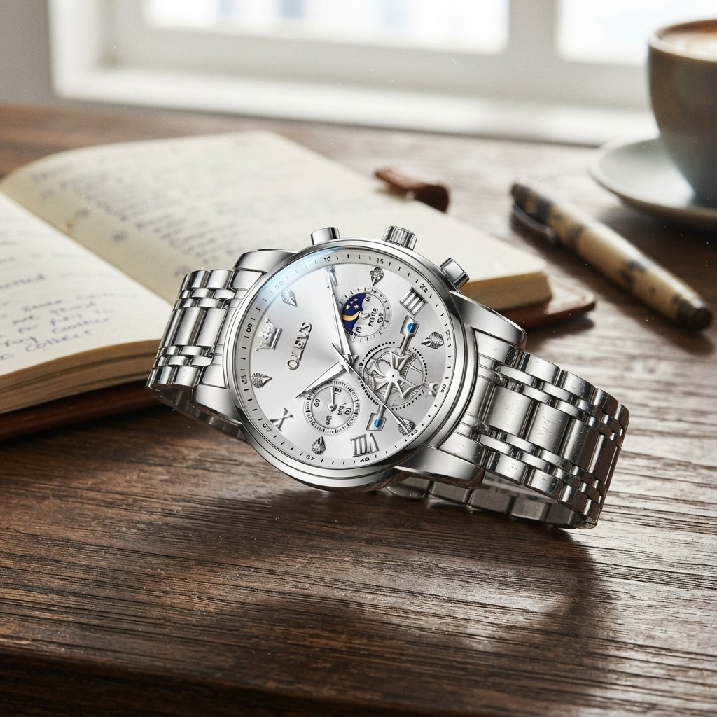 Elegant Multifunctional Men’s Watch in Stainless Steel with Luminous Display