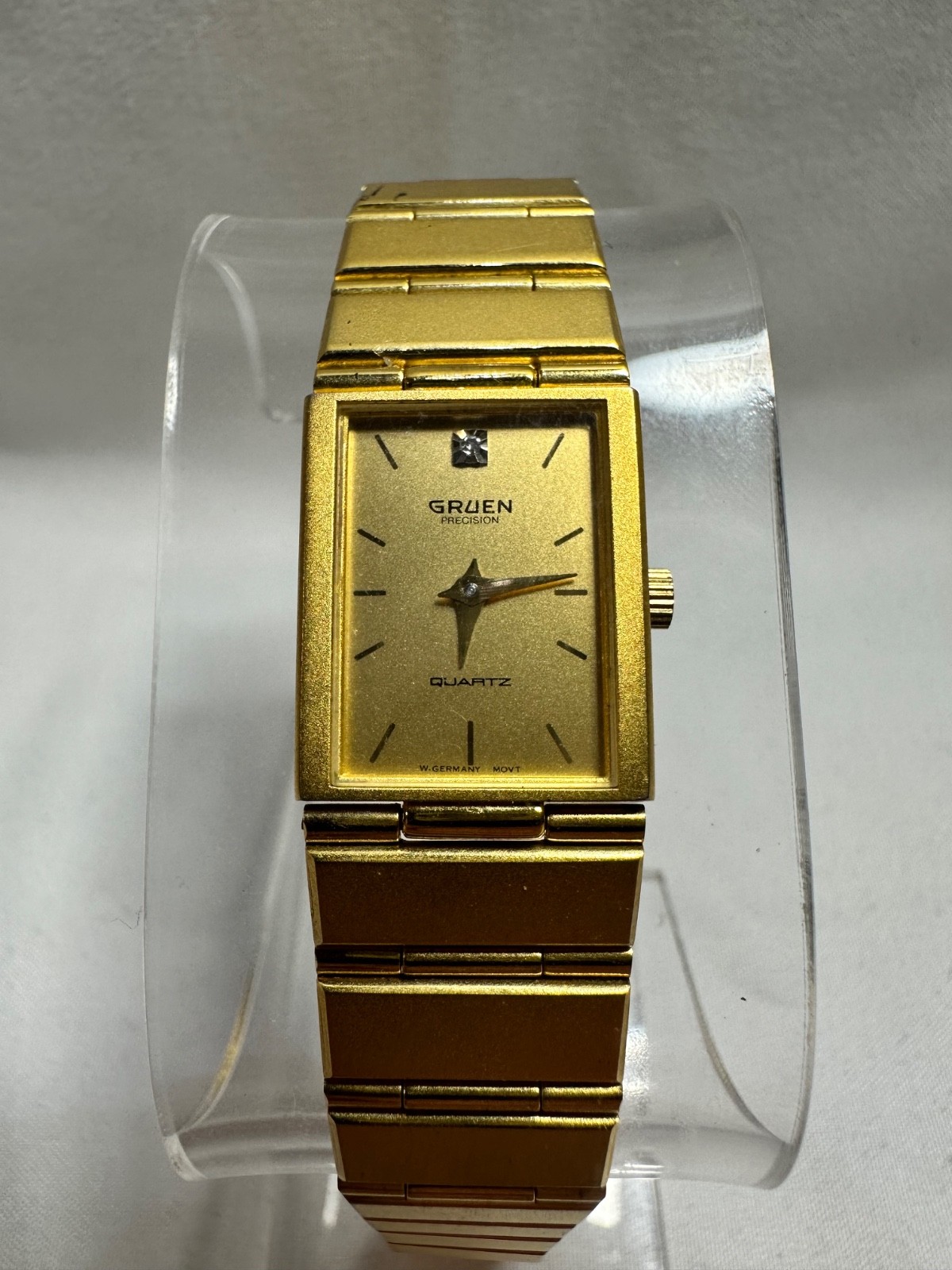 VINTAGE GOLD TONE GRUEN PRECISION QUARTZ TANK STYLE WATCH
