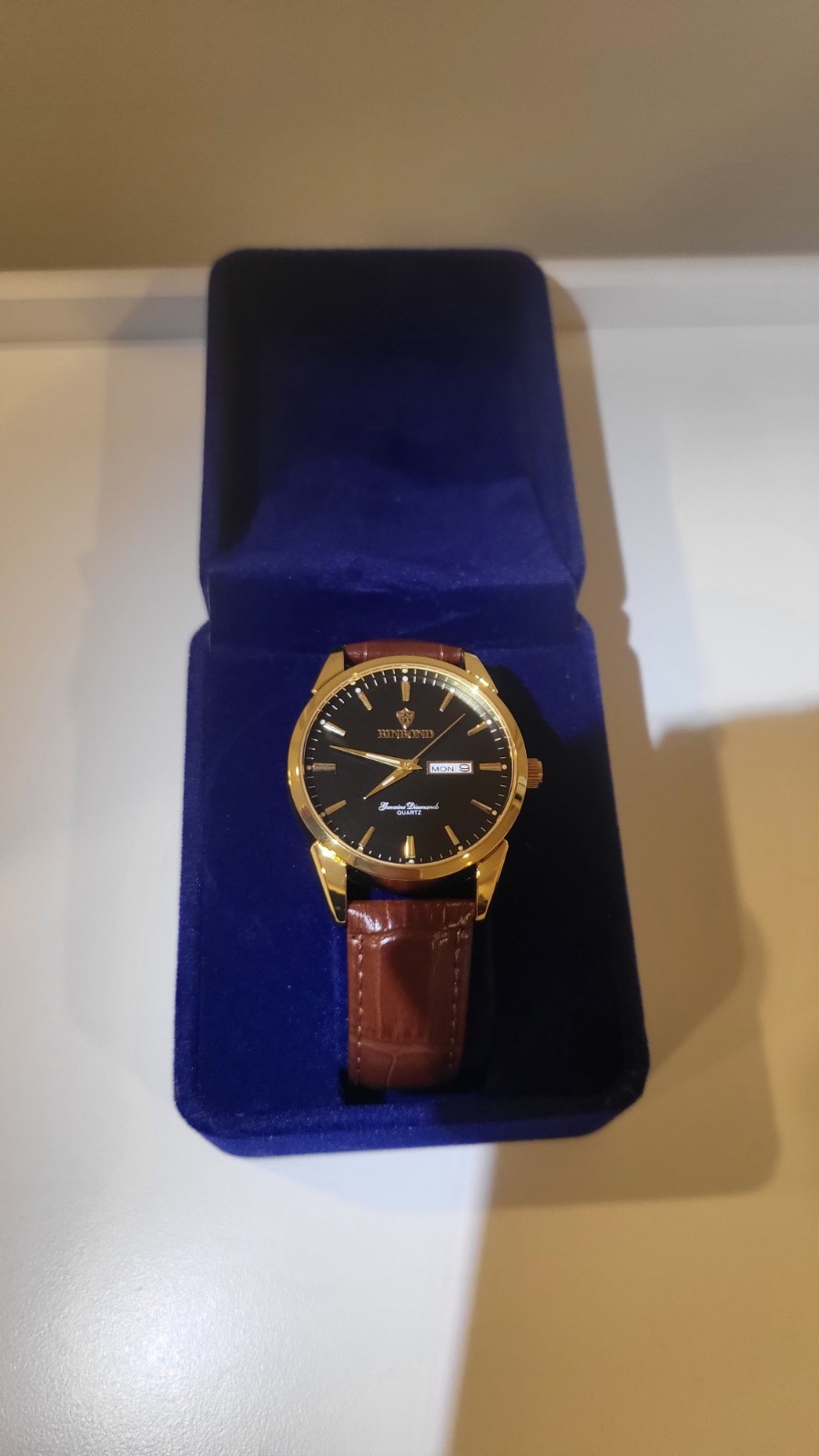 BINBOND Men’s Quartz Dress Watch Black Dial Gold-Tone Brown Leather Day-Date