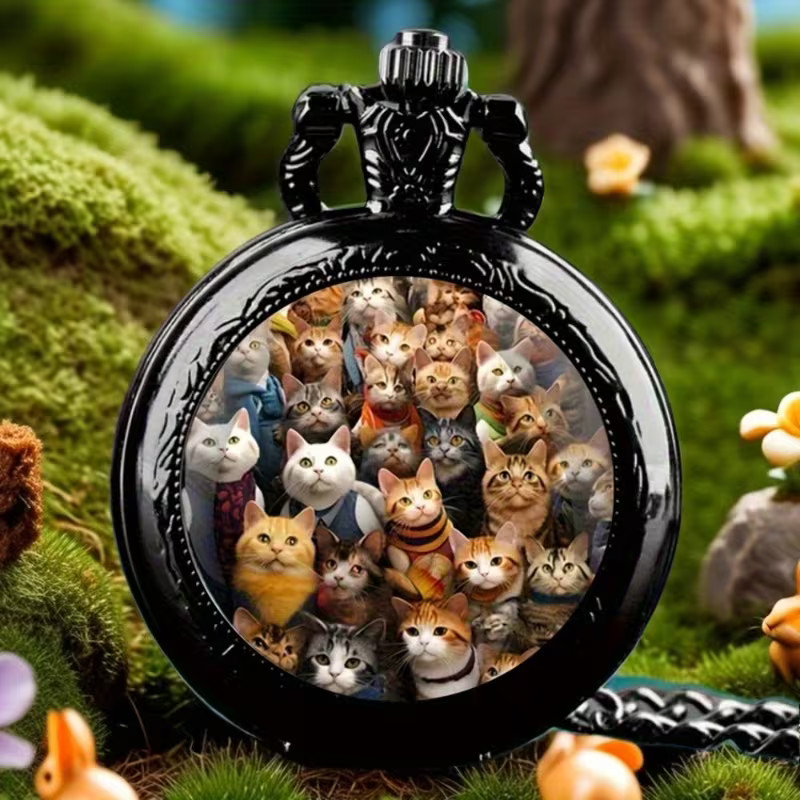 NEW 1.4″ CATS Galore! Black Quartz Pocket Watch & 31.5″ Necklace Chain 1.4″x0.6″