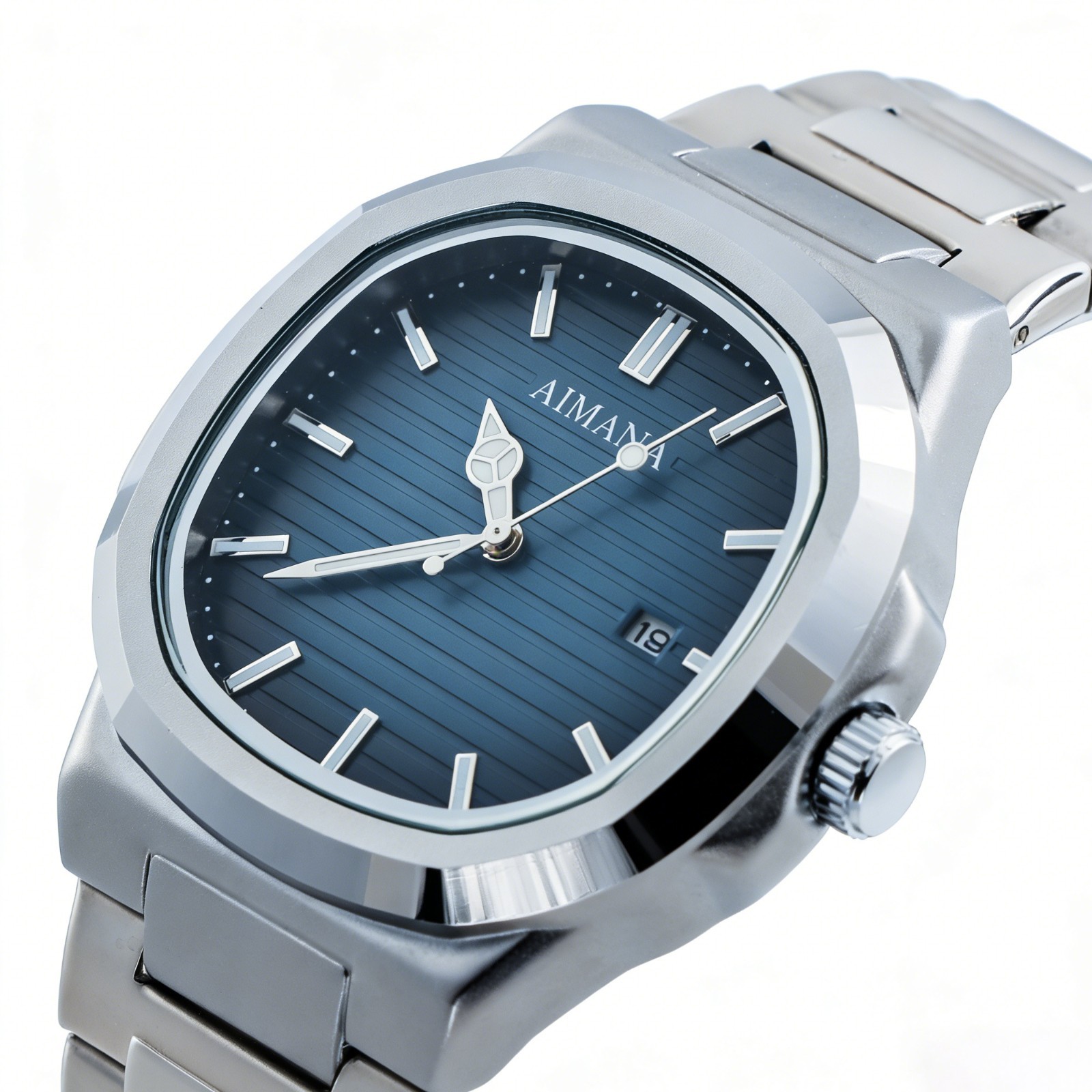 VORSEL Classic Men’s Square Quartz Watch Silver Steel Blue Dial Calendar Watches
