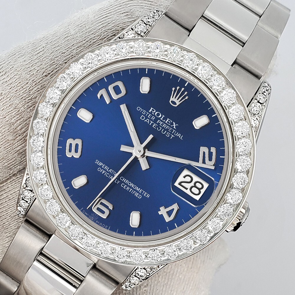 Rolex Datejust Midsize 31mm Blue Arabic Dial 2.1ct Diamond Oyster Watch