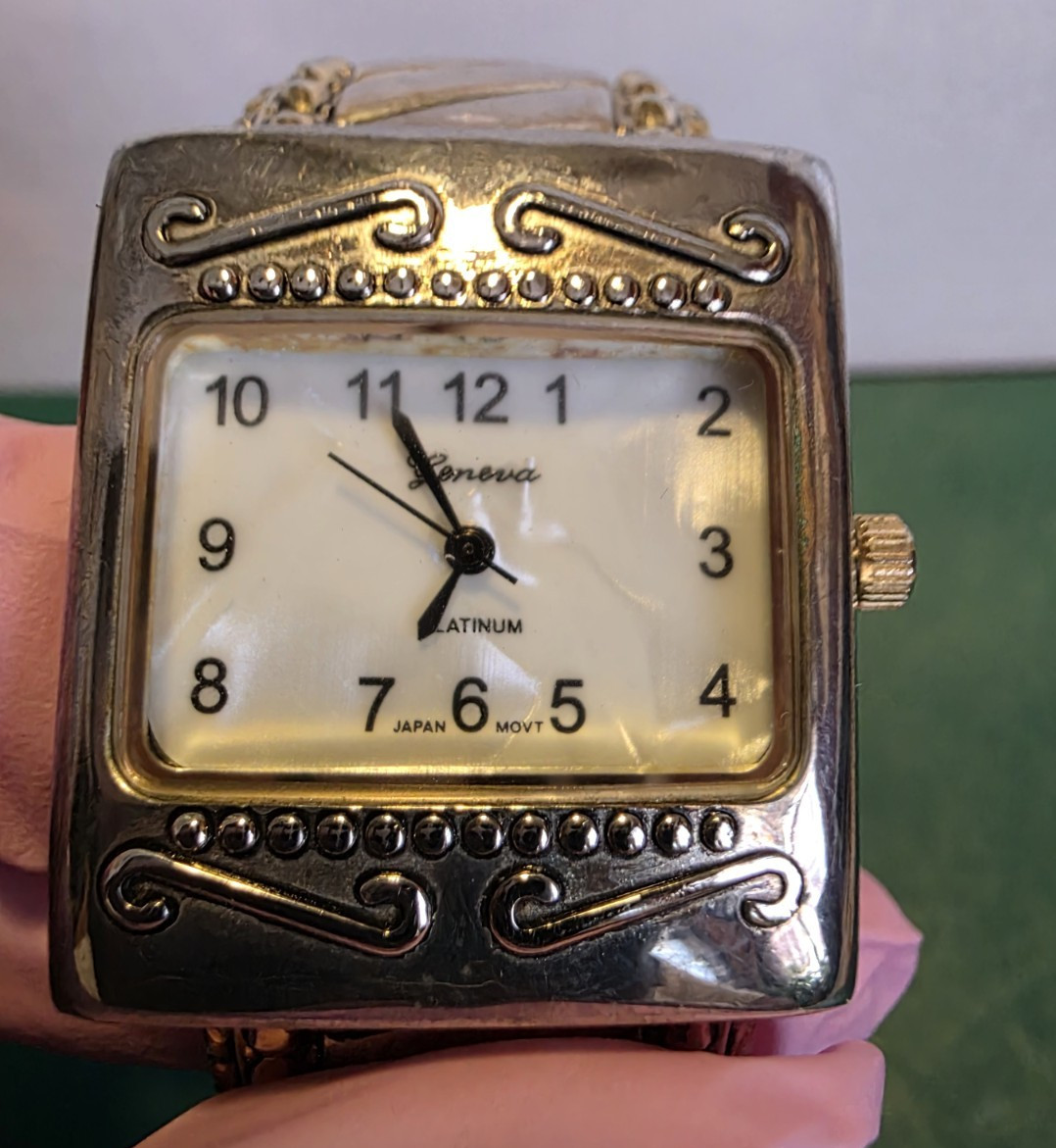 Geneva Platinum Women’s Quartz Analog Square White Dial Silver Tone Cuff Watch