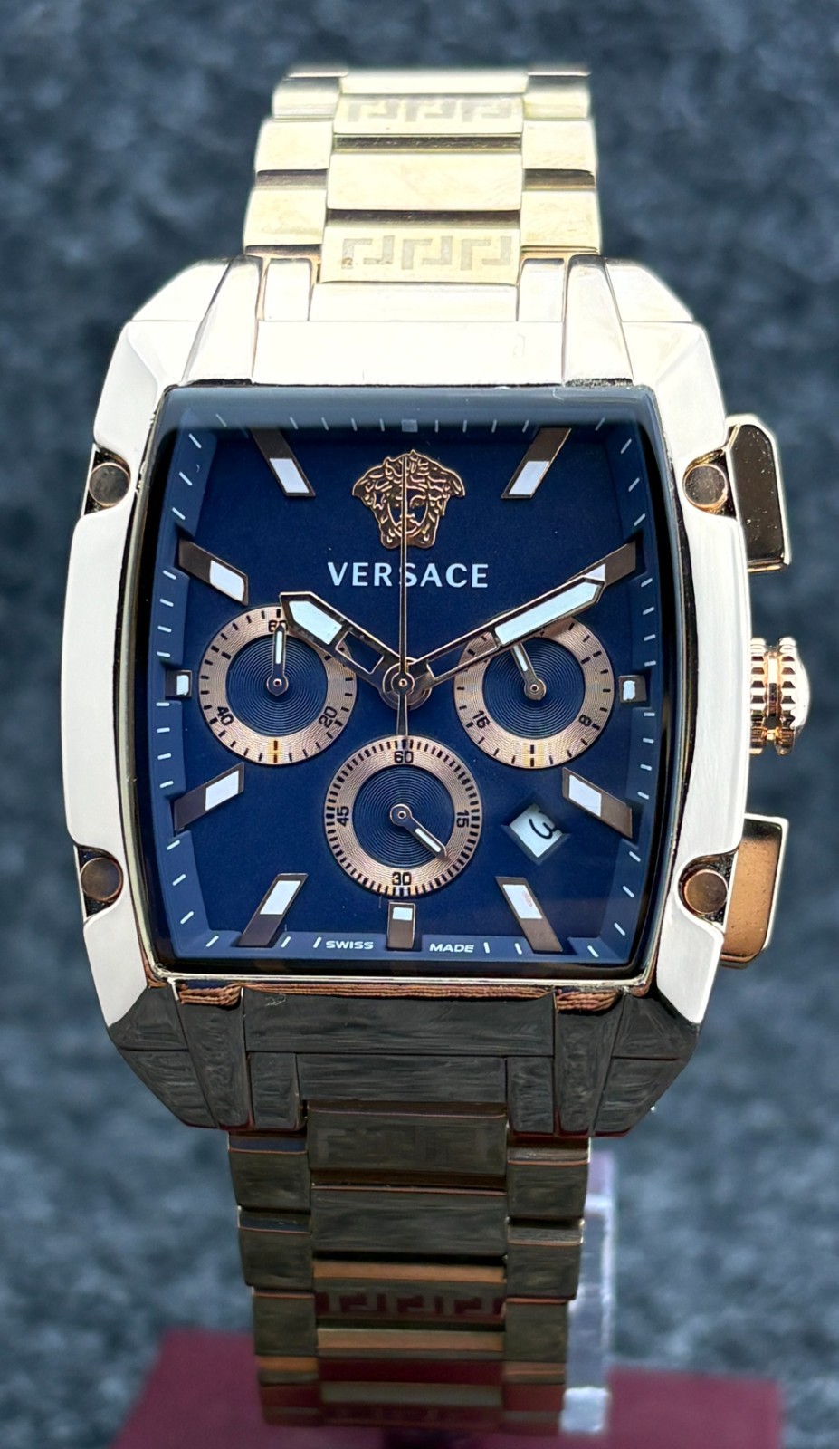 Vintage Versace Dominus Chrono Quartz Blue Dial Rose-Gold Plated Wristwatch.
