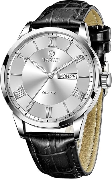 Mens Watches with Black Leather Band, Sleek Silver Case White Face Quartz Dre…