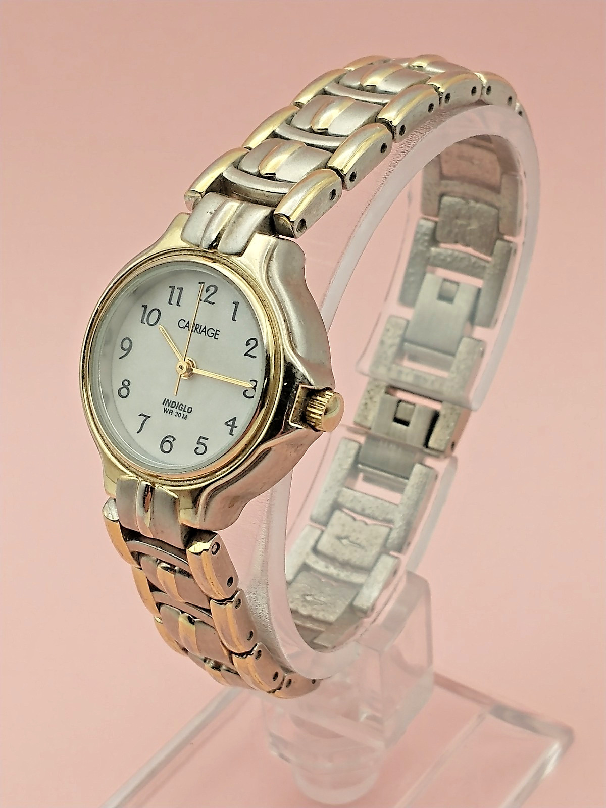 CARRIAGE Lady’s Two-Tone Indiglo Watch, 6 1/2″, WR30 meters, New Battery, Clean!