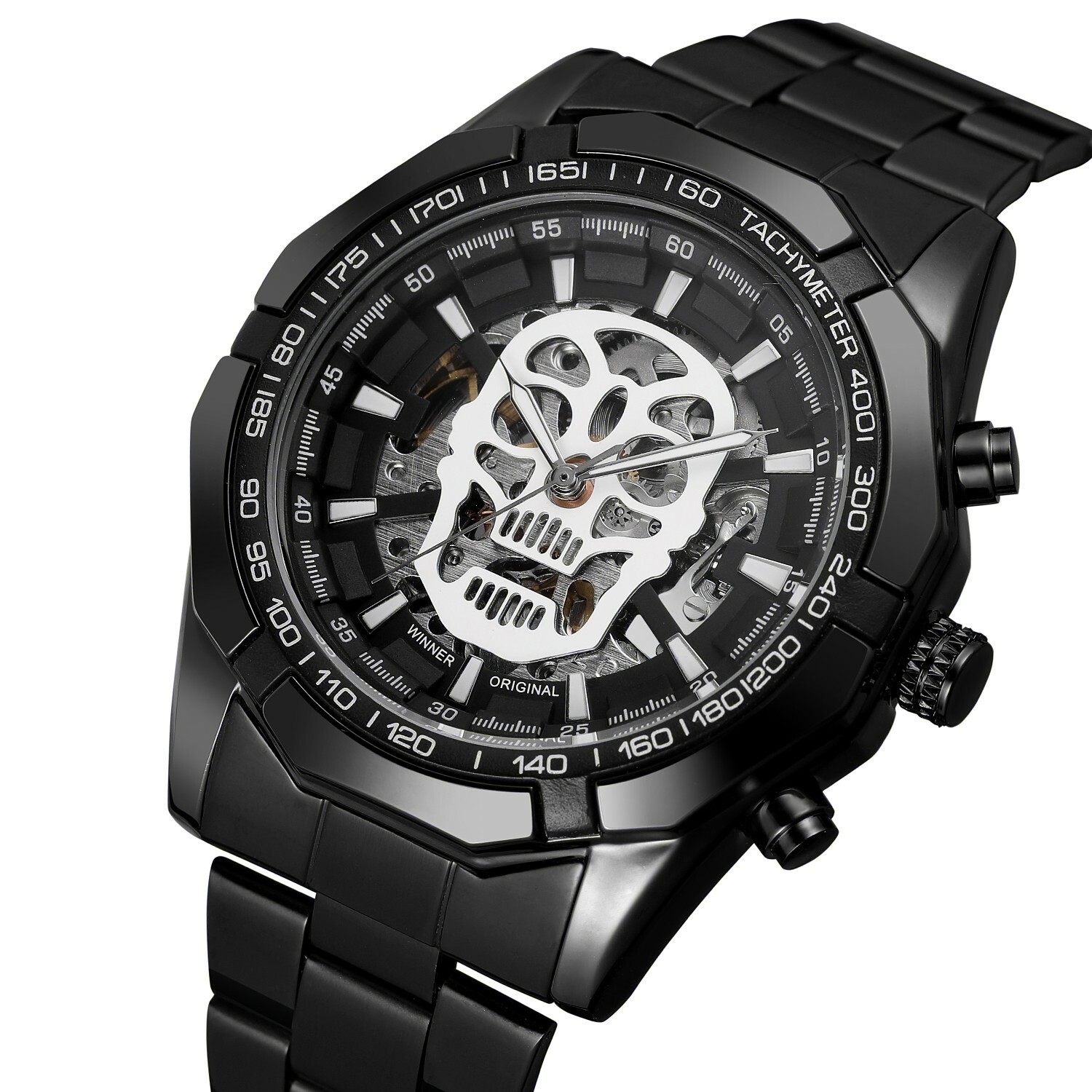 T-Winner Watch Men Steampunk Luminous Skeleton Automatic Mechanical Watch Black