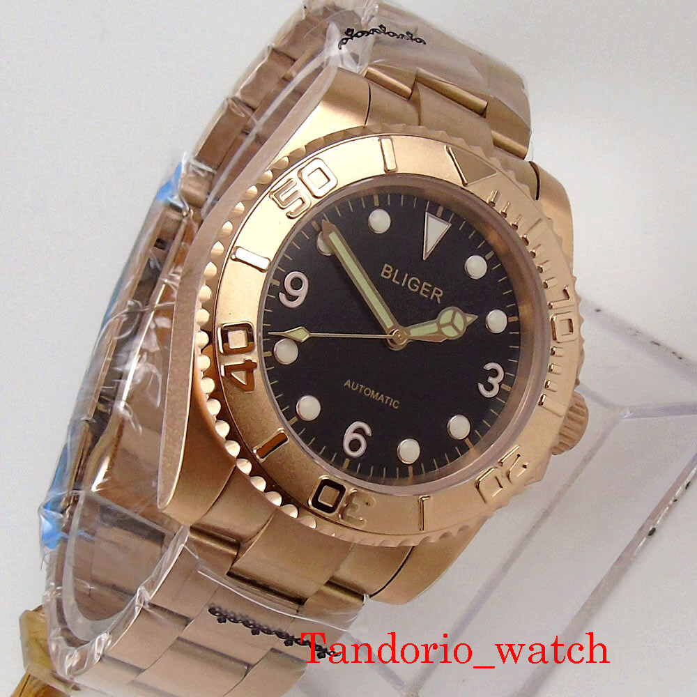 Bliger NH35A PT5000 Automatic Men Watch Rose Gold Plated Oyster Band Solid Back