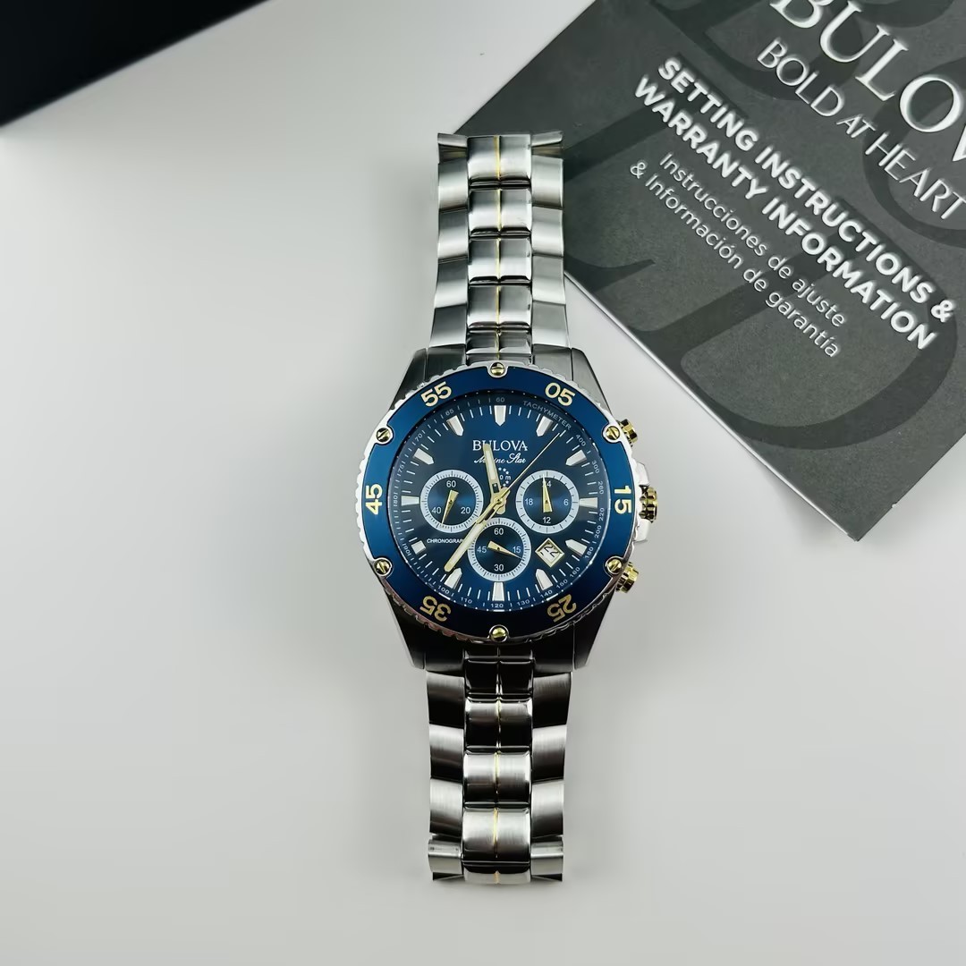 Bulova Men’s Marine Star 98B400 Blue Dial Chronograph Quartz Watch New 41.5 mm