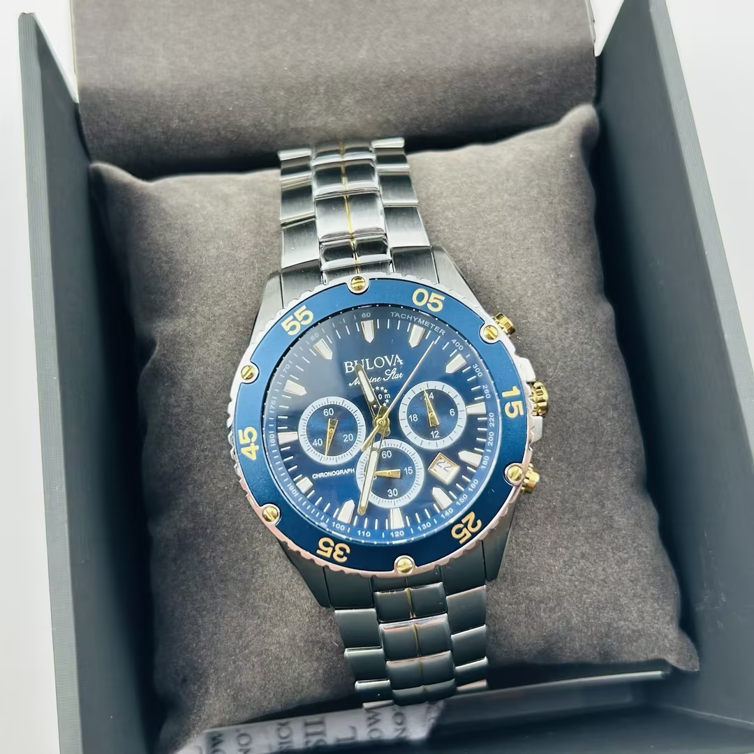 Bulova Men’s Marine Star 98B400 Blue Dial Chronograph Quartz Watch New 41.5 mm