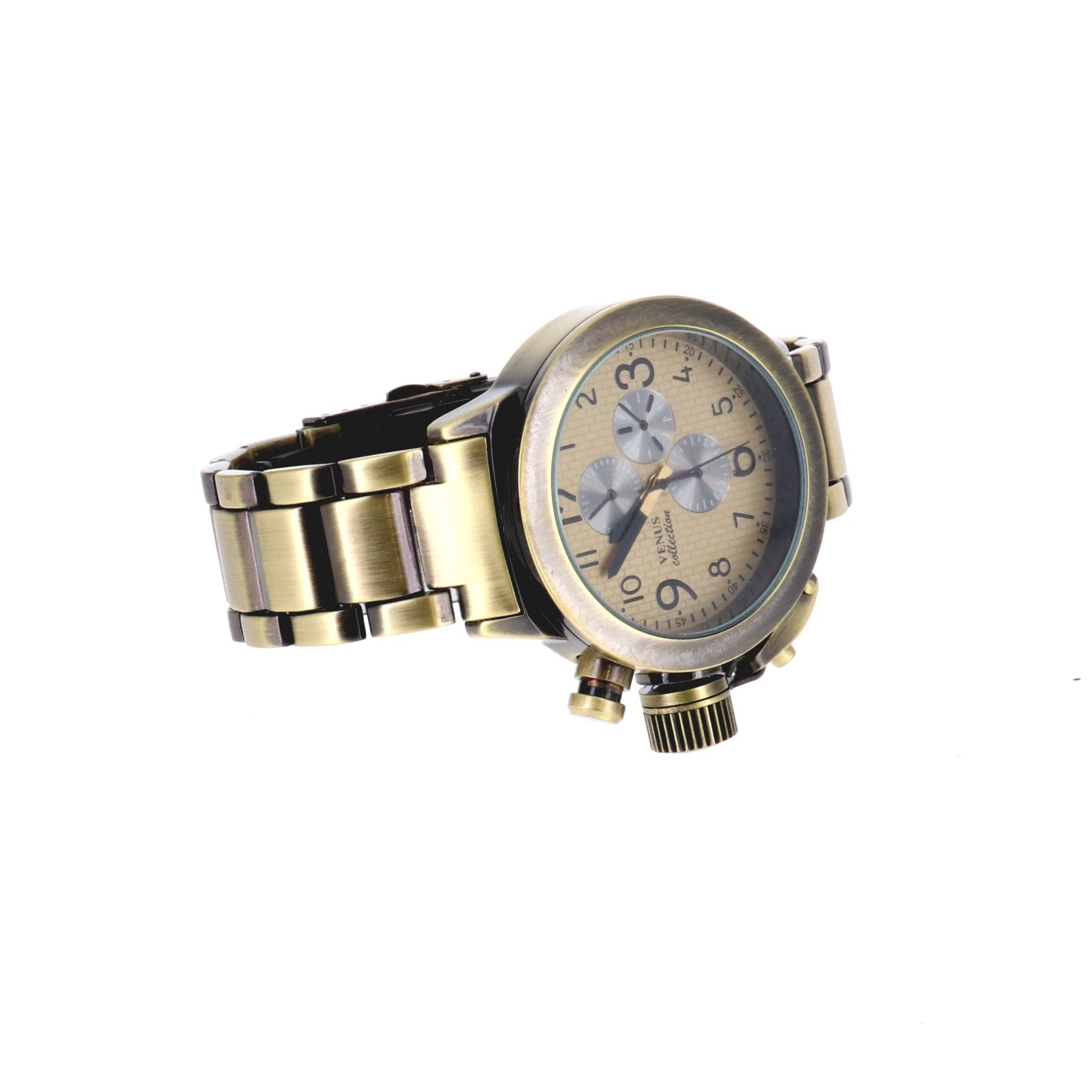 Venus collection Men’s Oversize Watch & Crown Brass Finish Metal Band 46mm