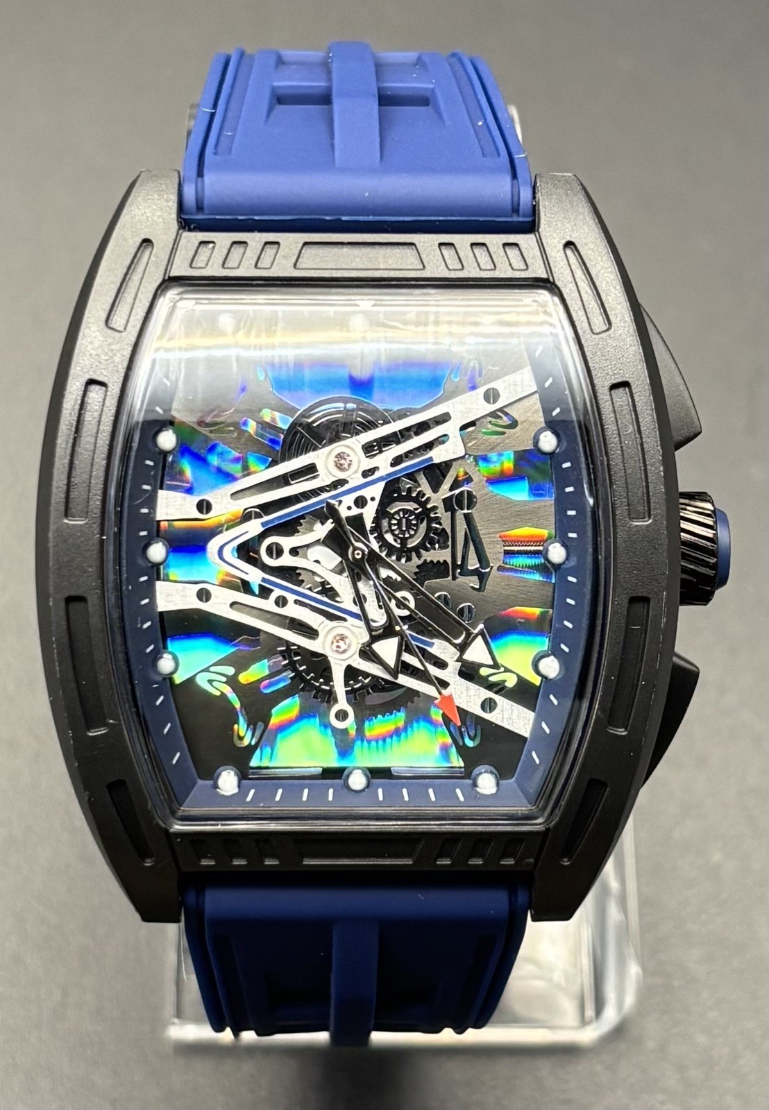 Men’s Analog Sport Watch 42mm Black Skeleton Dial Blue Silicone -NEW