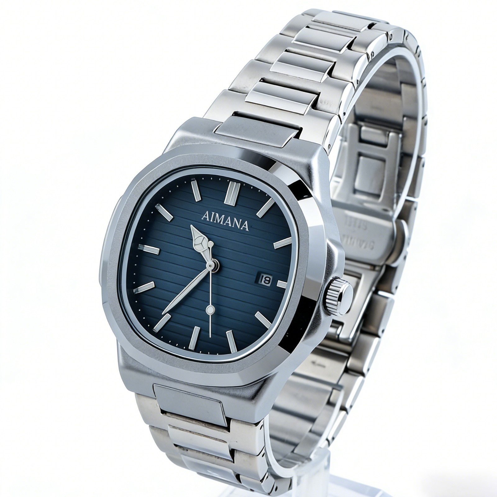 VORSEL Classic Men’s Square Quartz Watch Silver Steel Blue Dial Calendar Watches
