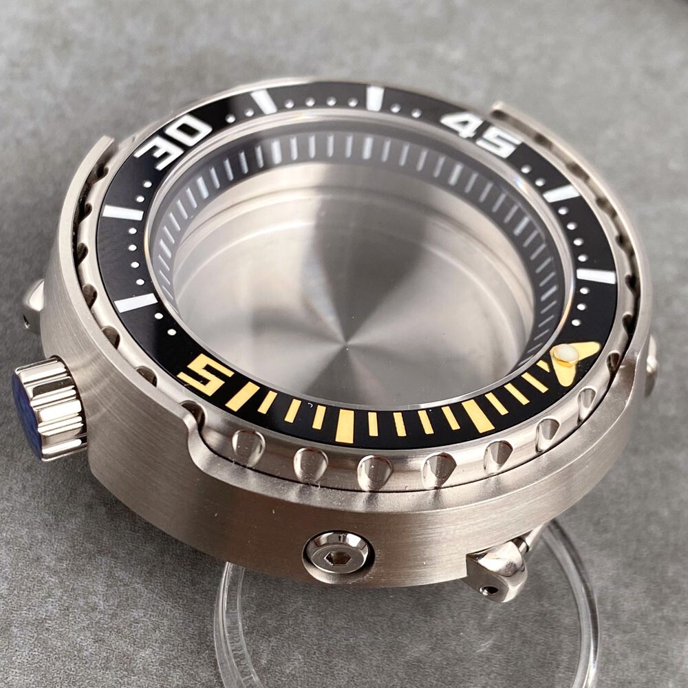 30ATM Diver 46.5mm Black Yellow Bezel Watch Case Fit NH35A NH36 4 o’clock Crown