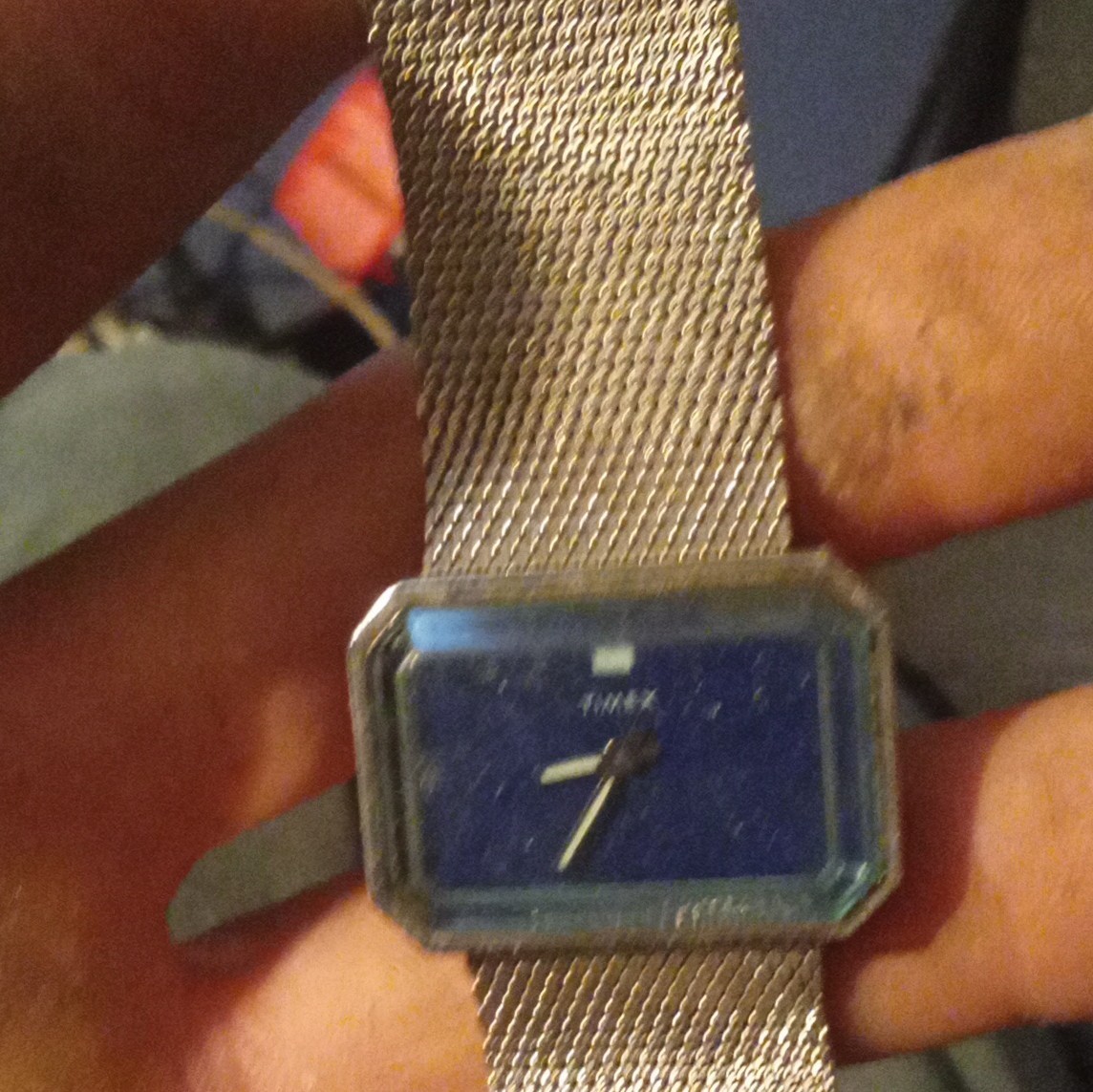 Timex Quartz Vintage 1980s Blue Dial Rectangle 24-27.9mm Silver Mesh