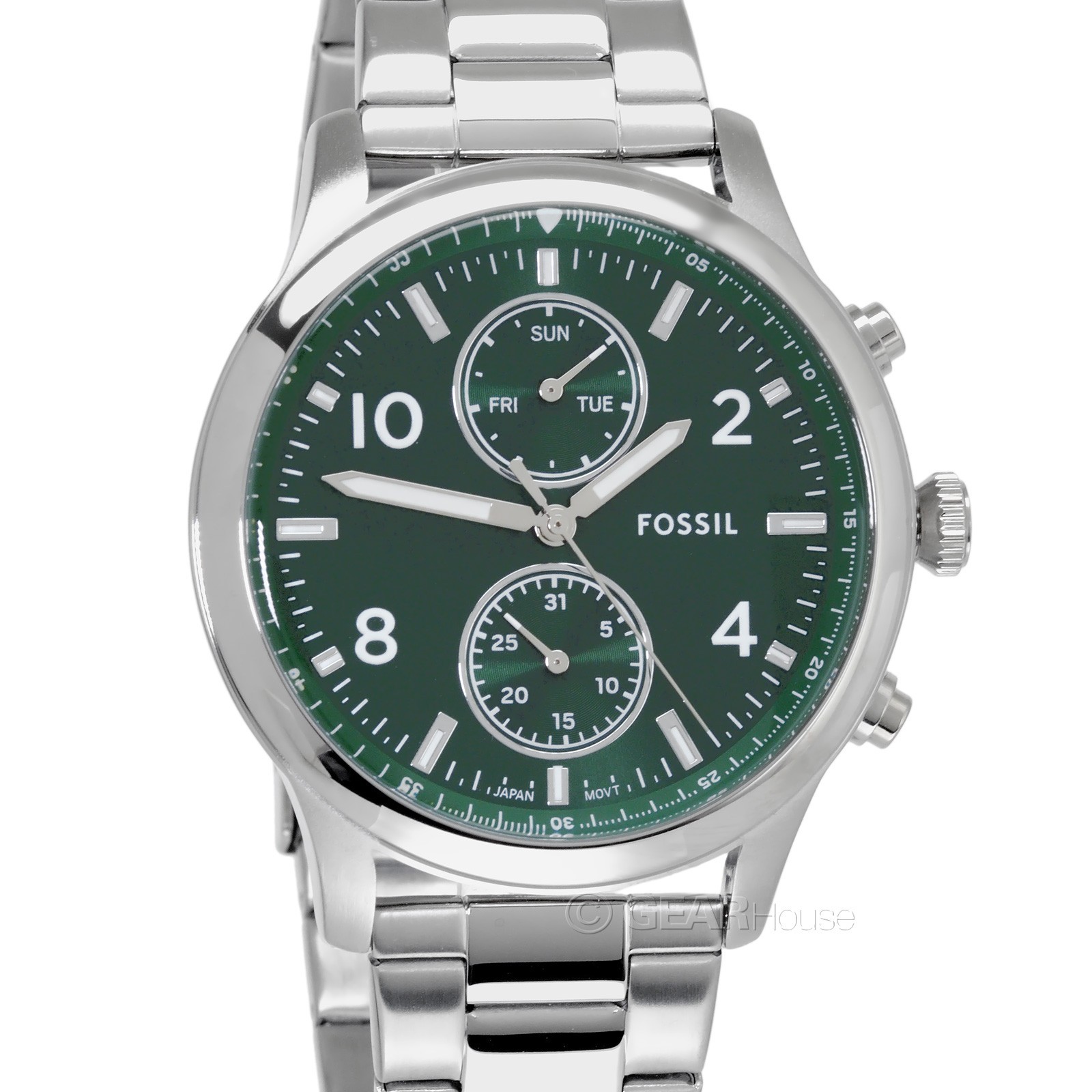 FOSSIL Bennett Mens Multifunction Watch Green Dial Day Date Stainless Steel Band