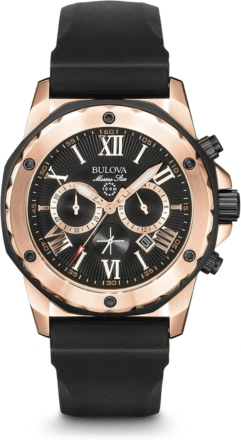 Men’s Rose Gold Chronograph Watch with Black Silicone Strap – Marine Star 98B104