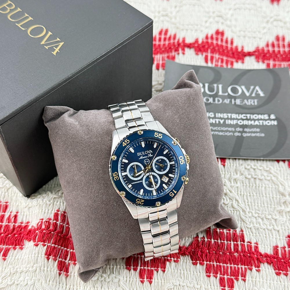 Bulova Marine Star 98B400 Men’s Blue Dial Steel Chronograph Quartz Watch 41.5mm