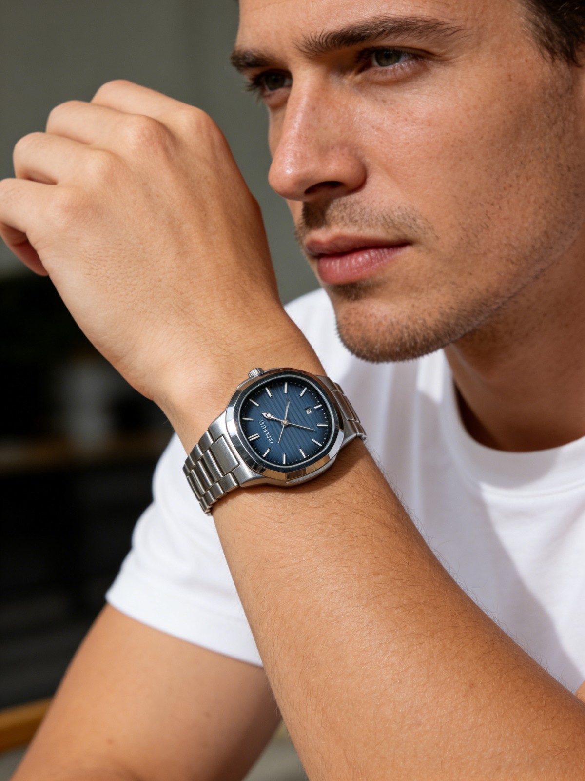VORSEL Classic Men’s Square Quartz Watch Silver Steel Blue Dial Calendar Watches