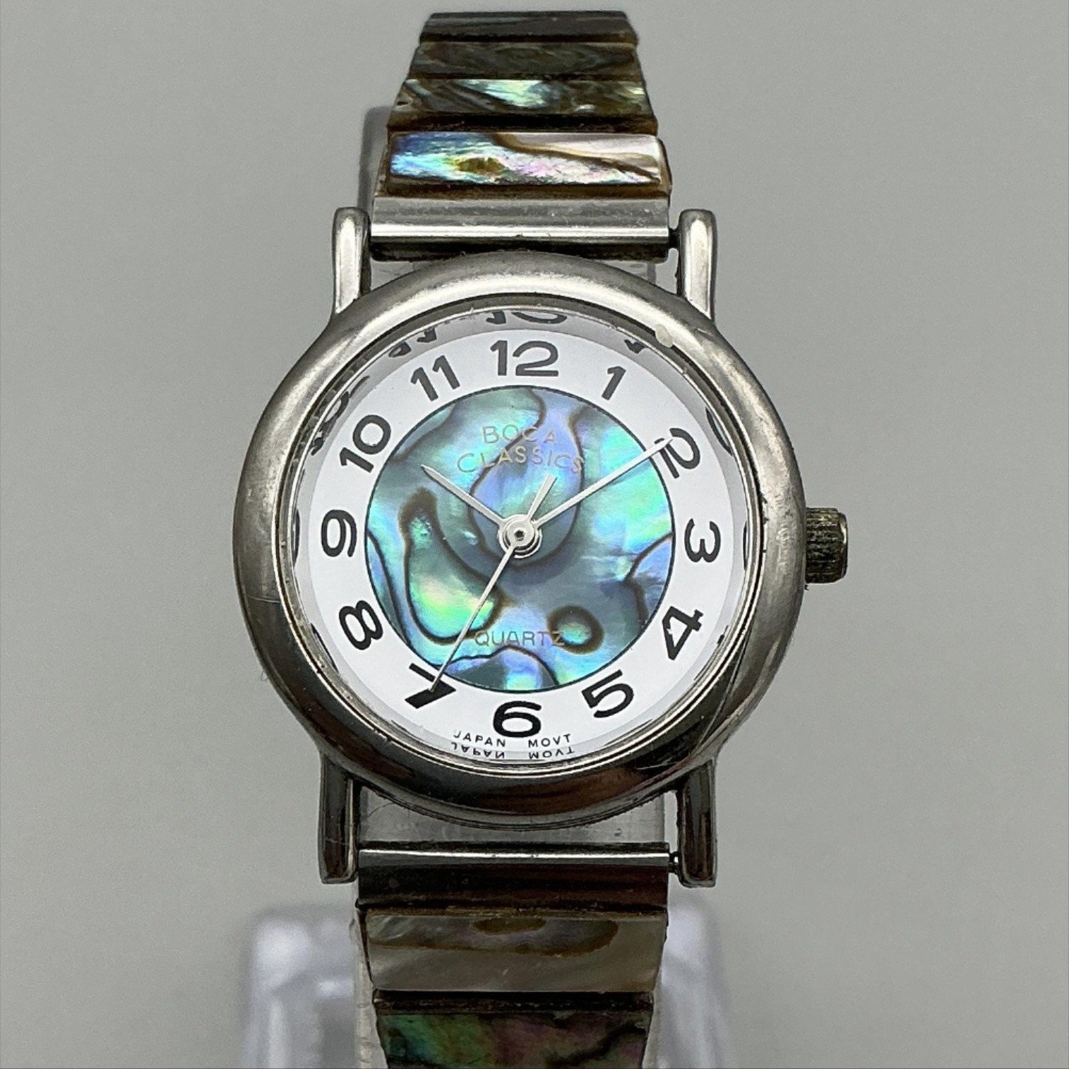 Vintage Boca Classics Womens Watch 26mm Silver Tone Abalone Stretch New Battery