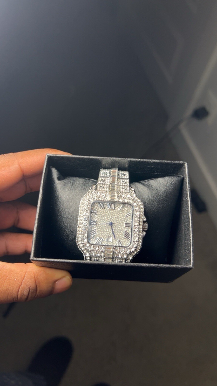 Moissanite Square Analog Wristwatch Roman Numerals Gemmed Bezel Metal Bracelet