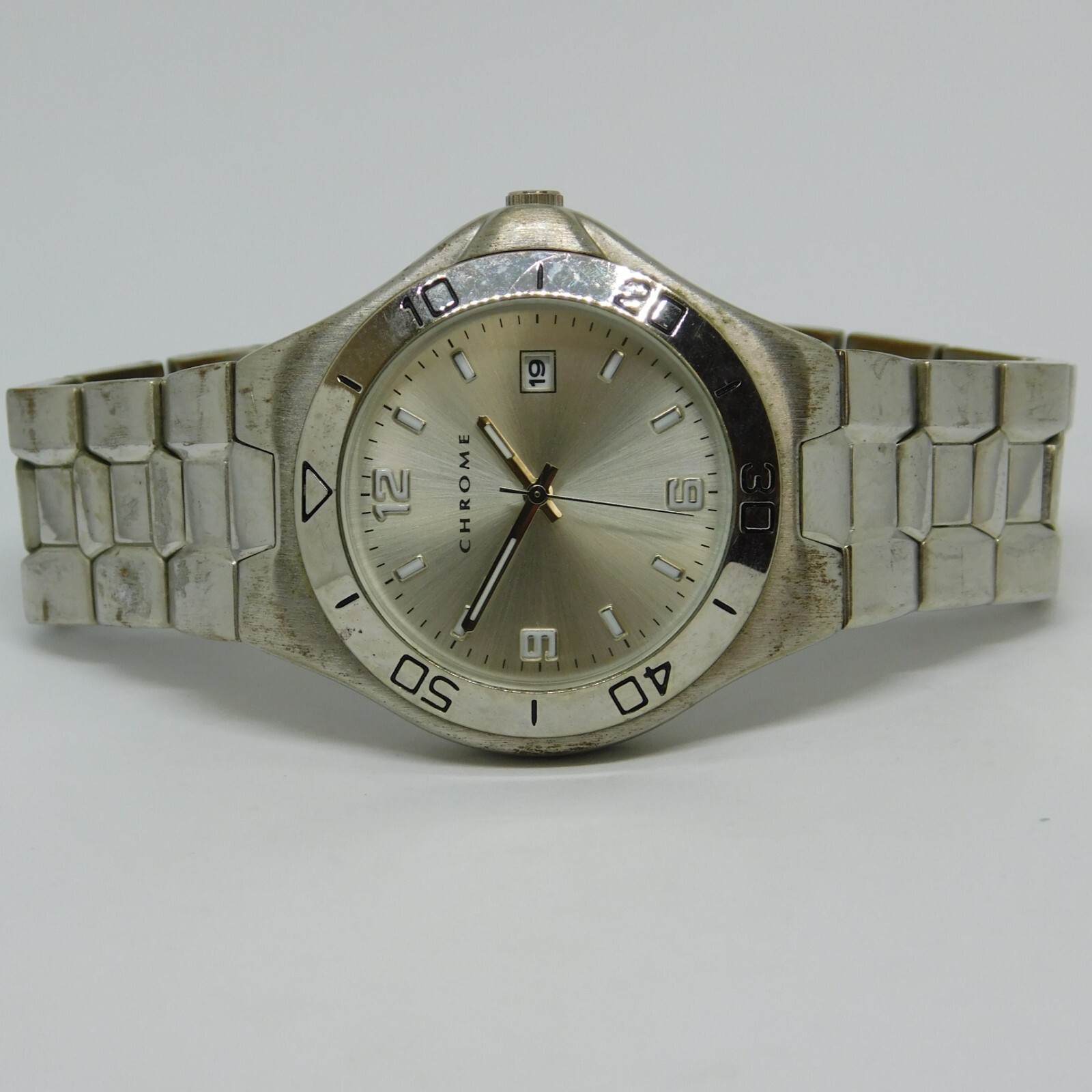 CHROME Silver Tone Quartz Analog Men’s Watch Sz. 8″ New Battery