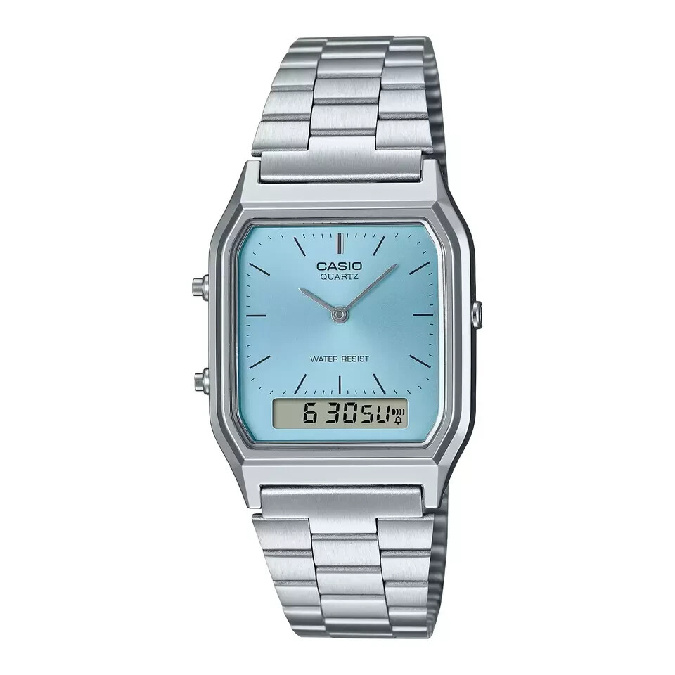 CASIO AQ-230A-2A1 Retro Vintage Blue Dial Watch | Dual Time | Stainless Steel Ba
