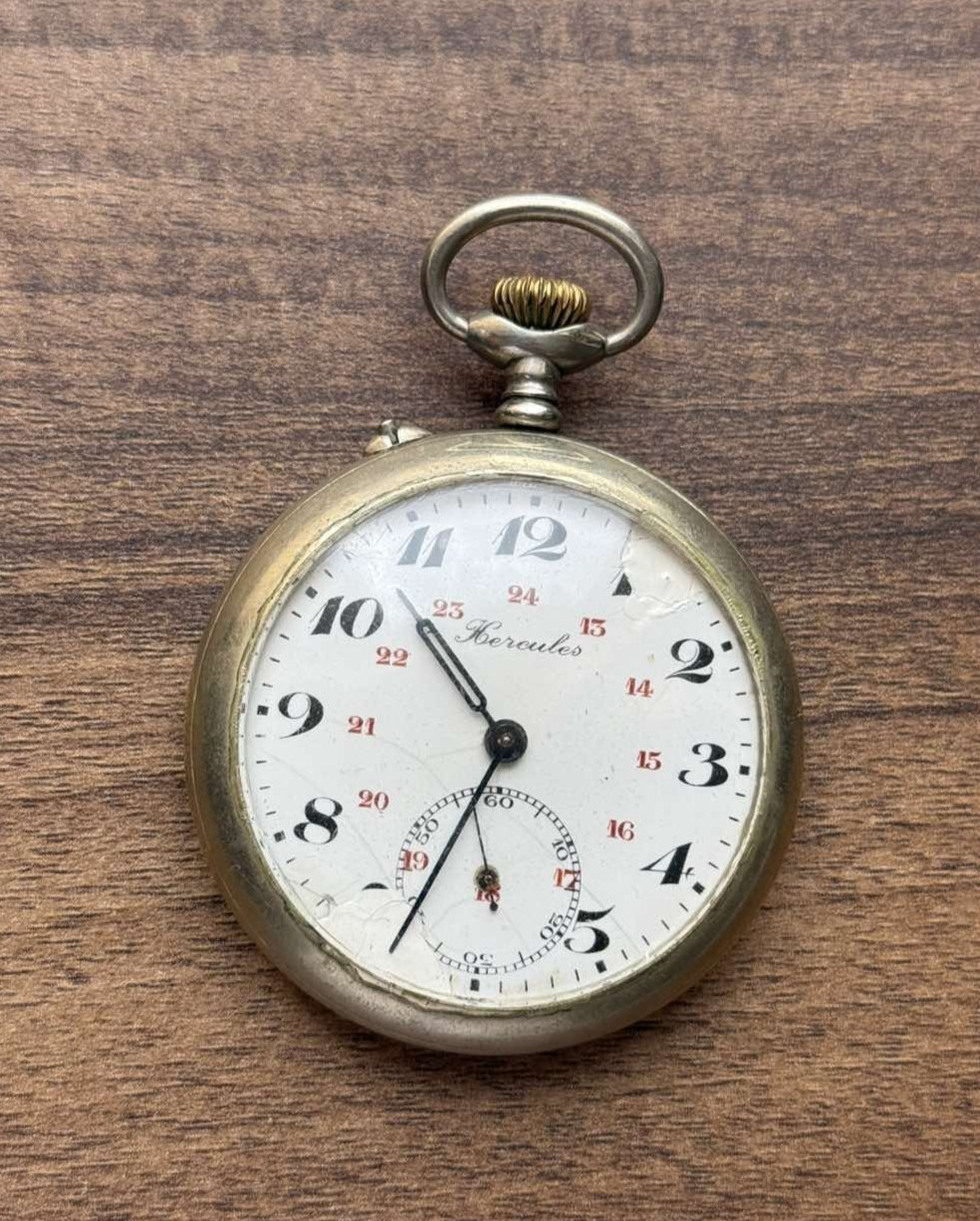 Antique Pocket Watch Mechanical Swiss Silver Depose Art Hercules Bicycles Rare