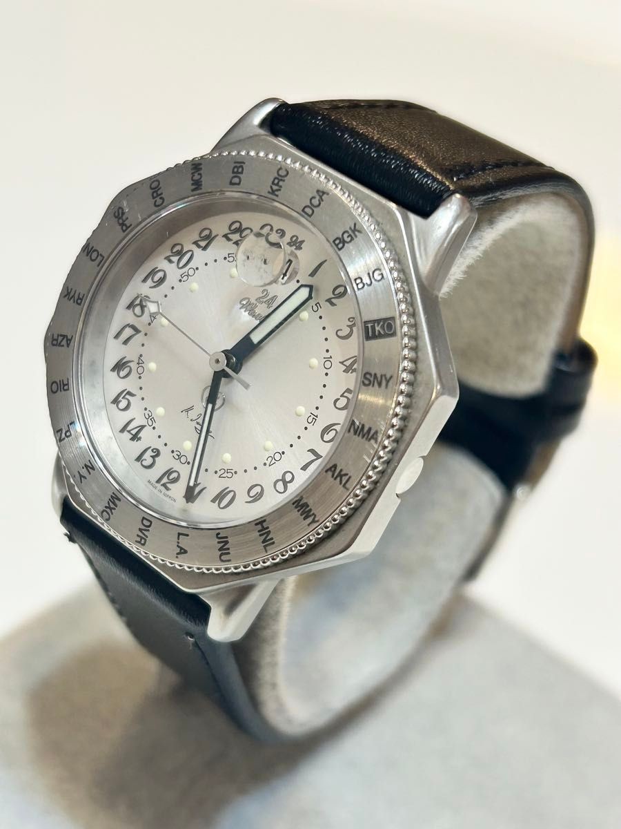 SEIKO Instruments Quartz Mens Watch 24 Hour World Time Octagon Case Japan