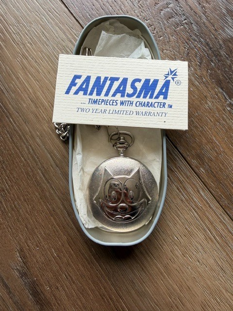 Felix The Cat Pocket Watch By Fantasma, Silver Tone, Collectible Tin With Papers