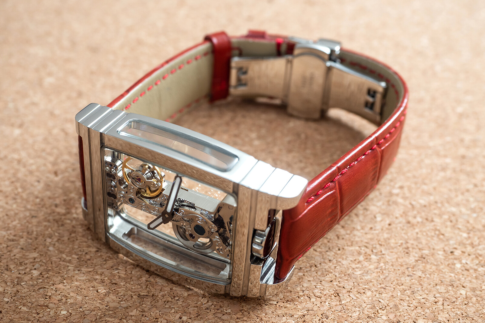 Mens Manual Mechanical Watch – Chrome Silver Bridge Red Leather Deployant Buckle