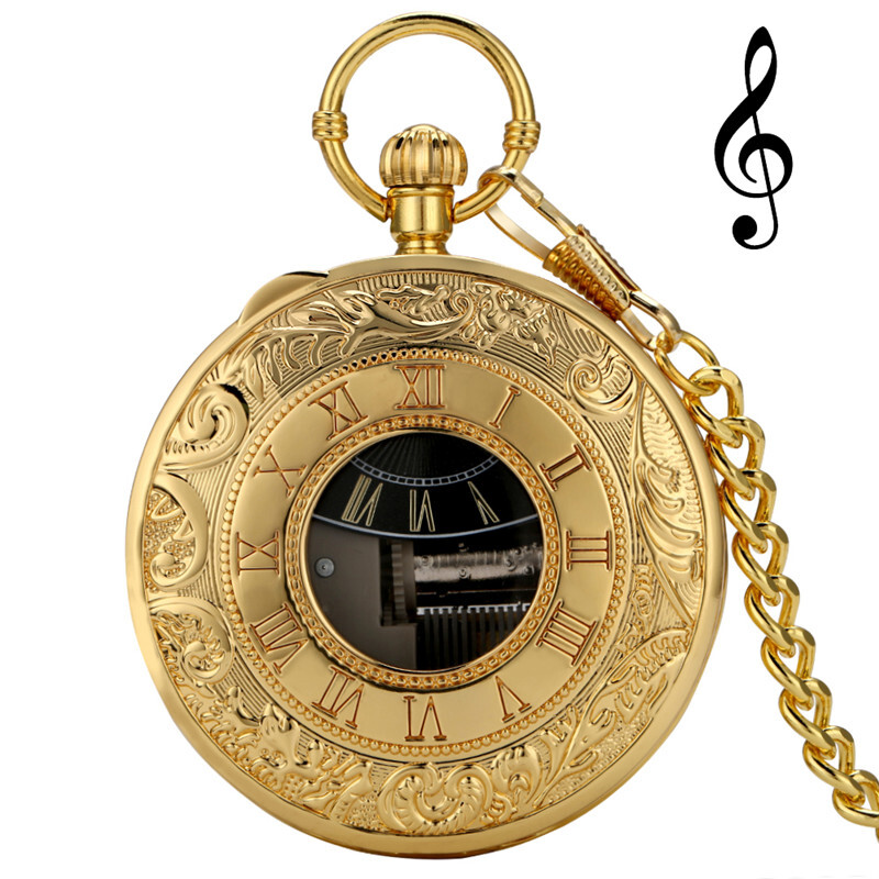 Uncommon Musical Pocket Watch Gold Roman Case Quartz Music Box Watch Unisex Gift