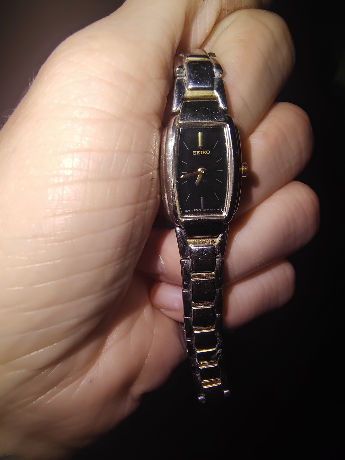 Seiko Vintage Women’s Quartz Rectangle Watch, Black Dial, Two-Tone Bracelet