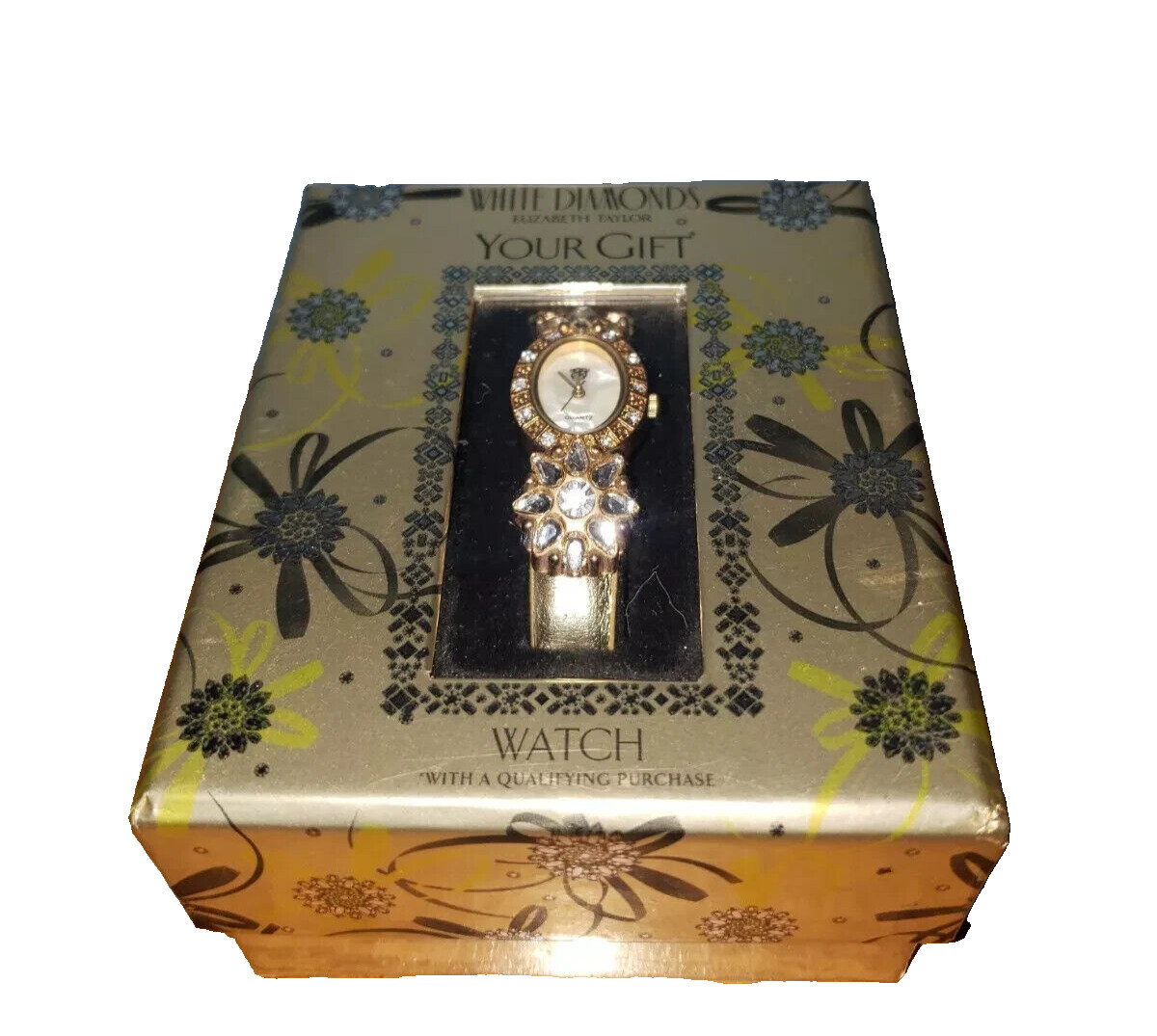 ELIZABETH TAYLOR WHITE DIAMONDS Floral Rhinestone Gold Anniversary Watch in Box
