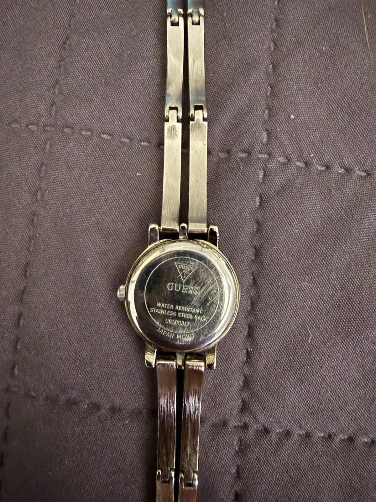 Guess G75823L Silver Tone Bangle Watch Black Dial Crystal Accent