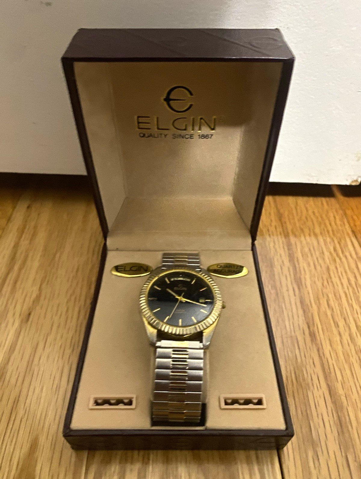 Elgin Men’s Quartz Day/Date Wristwatch Two-Tone 36mm With Box untested