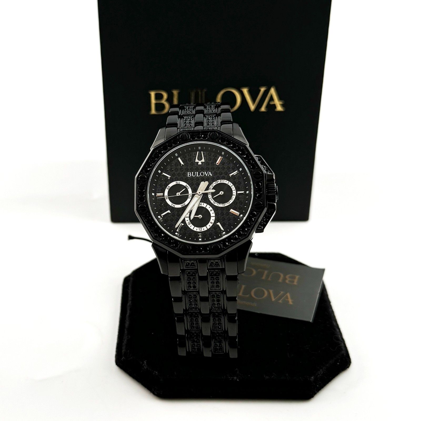 Bulova Crystal Octava 98C134 Quartz Black Pave Dial Stainless Men’s Watch 41.5mm