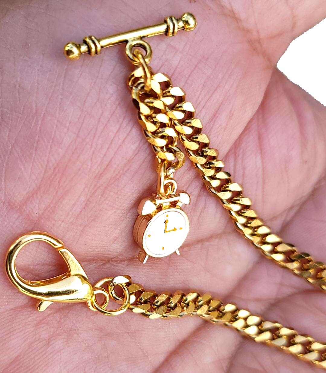 Gold Plated Pocket Watch Chain With T-Bar End and Ornate Fob