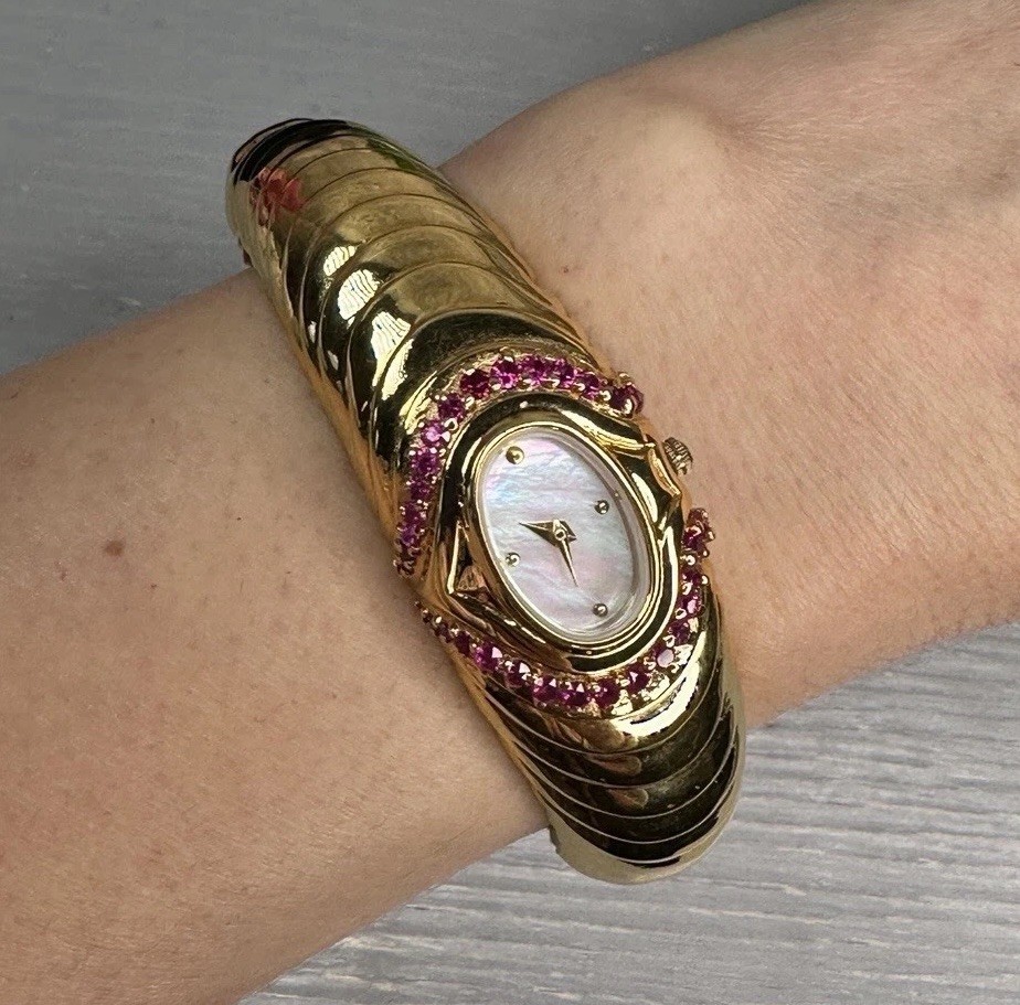 Franklin Mint 1990 Alfred Durante Cuff Watch Gold Ruby MOP Swiss